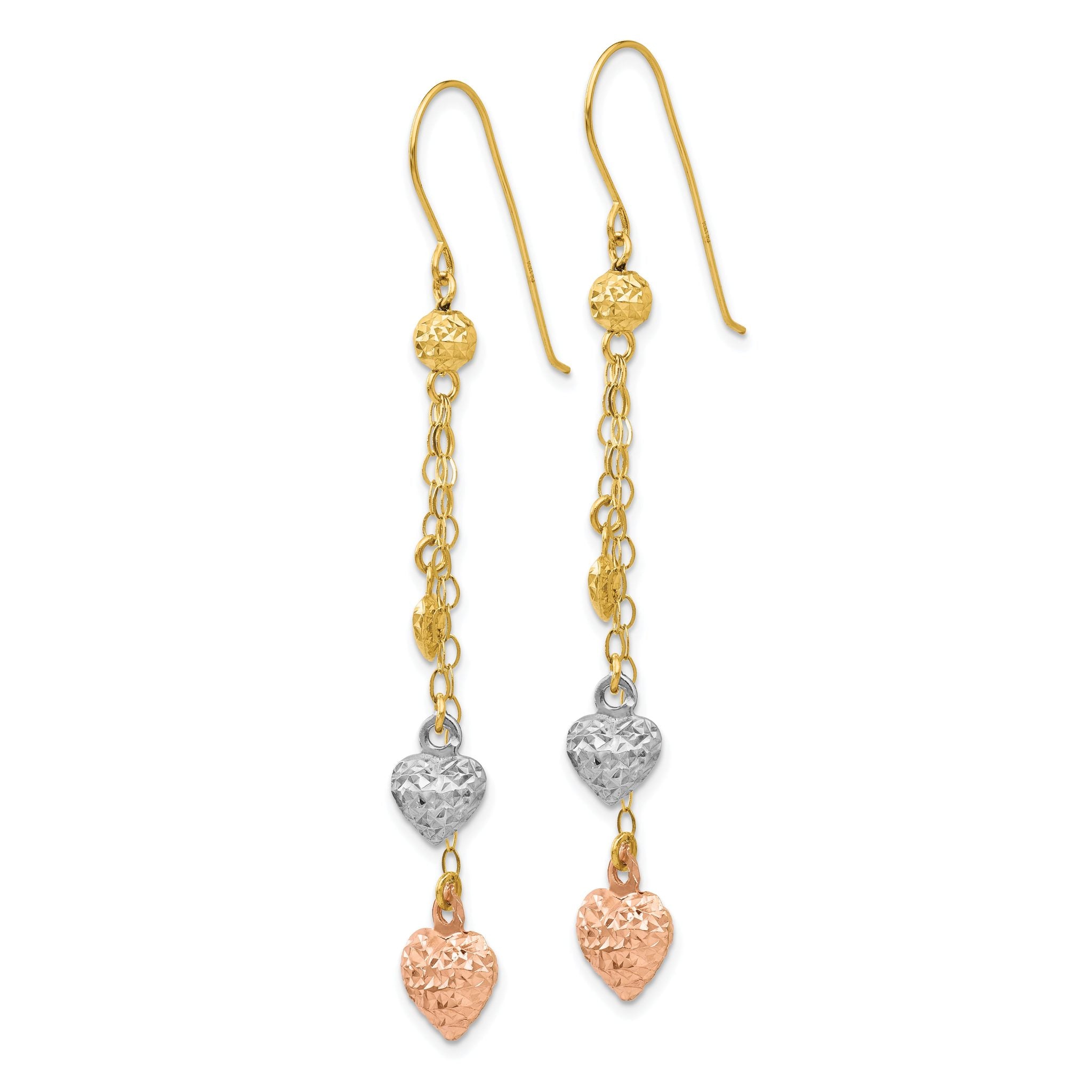 14k Tri-color Puff Heart Dangle Earrings Secondary image