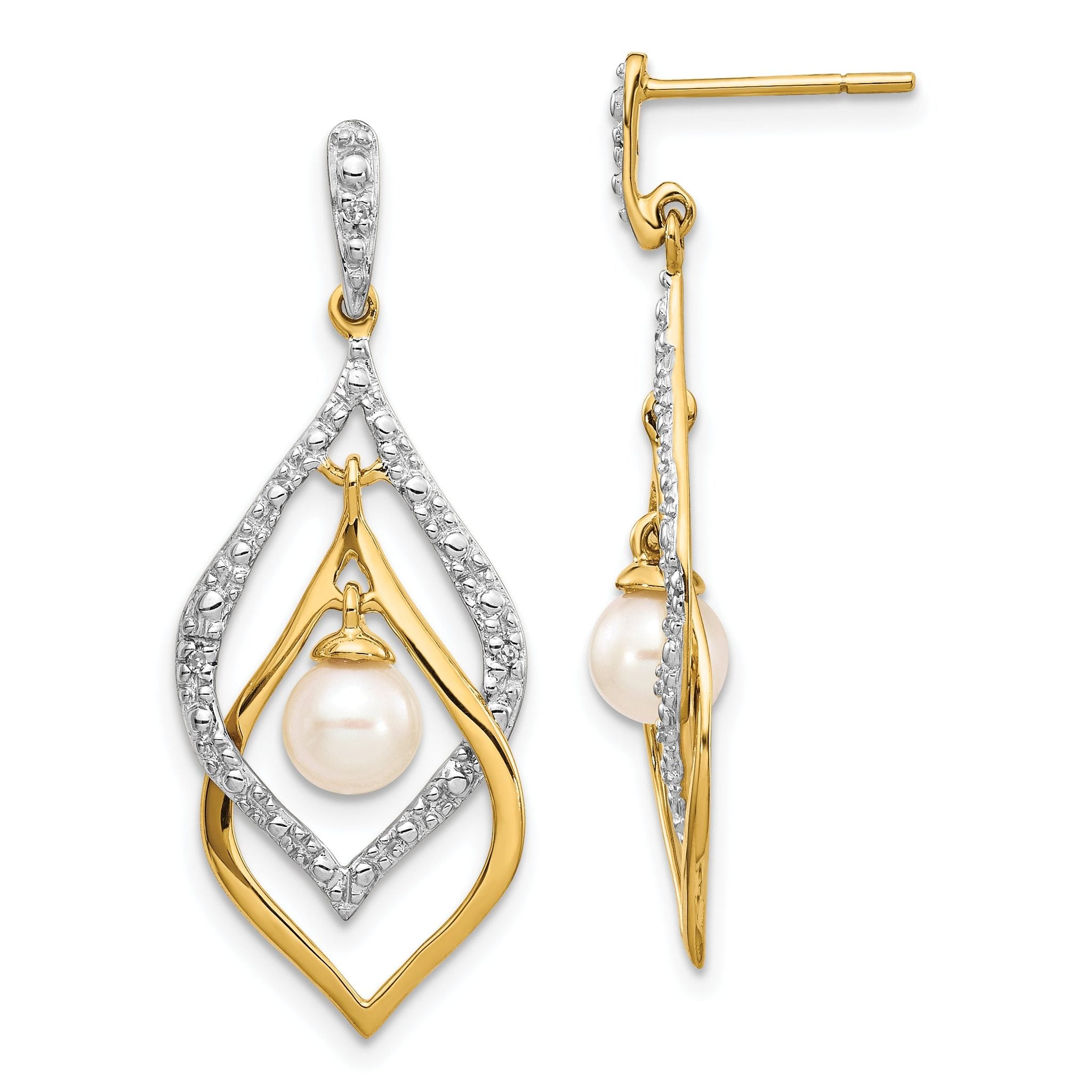 14k 5-6mm White Round FWC Pearl .02ct Diamond Dangle Earrings Main image