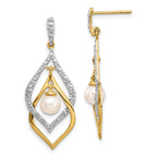 14k 5-6mm White Round FWC Pearl .02ct Diamond Dangle Earrings