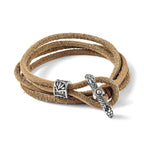 Stainless Steel Antiqued and Polished Snake Heads Tan Leather Wrap Bracelet