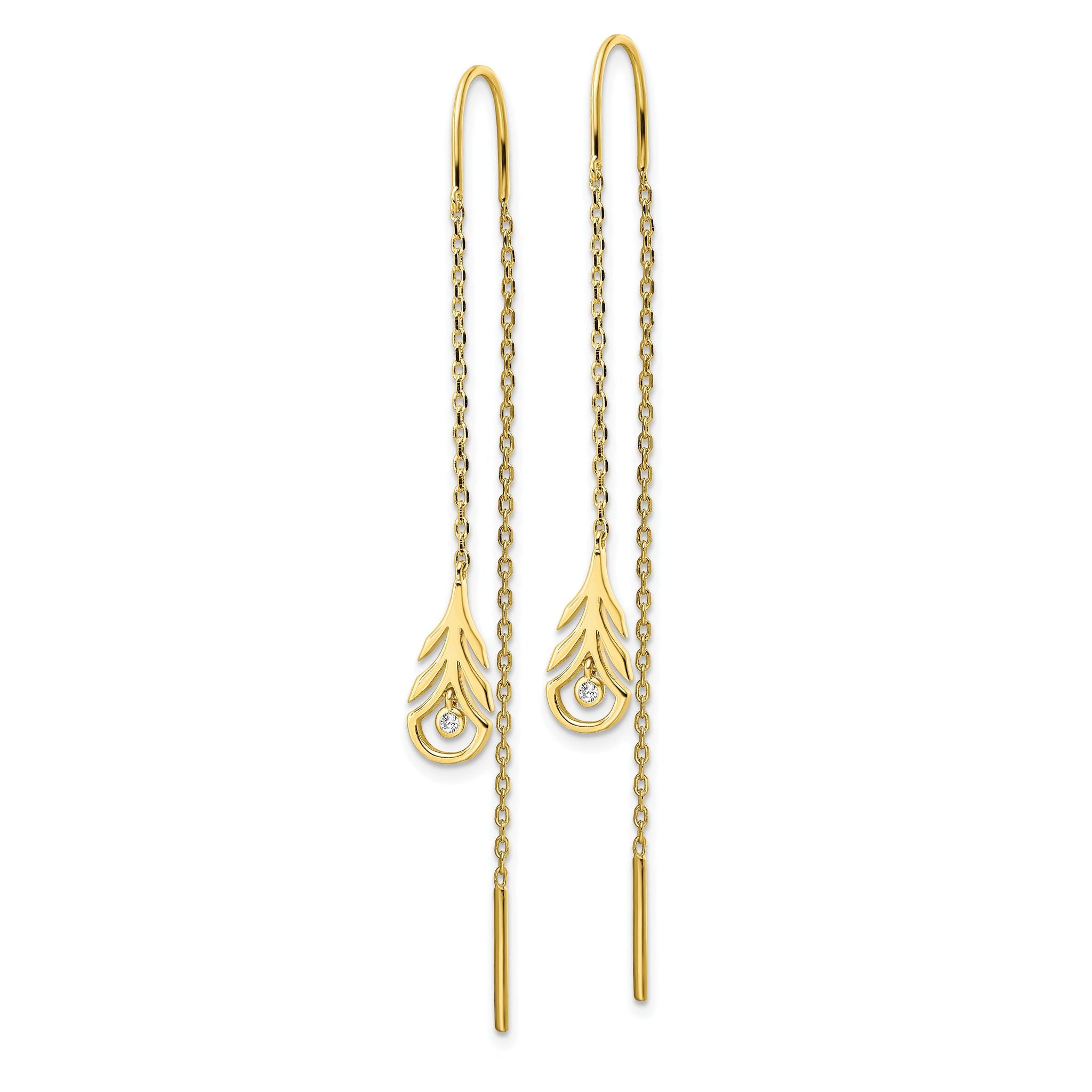 Sterling Silver Gold-tone Polished CZ Feather Threader Earrings Secondary image