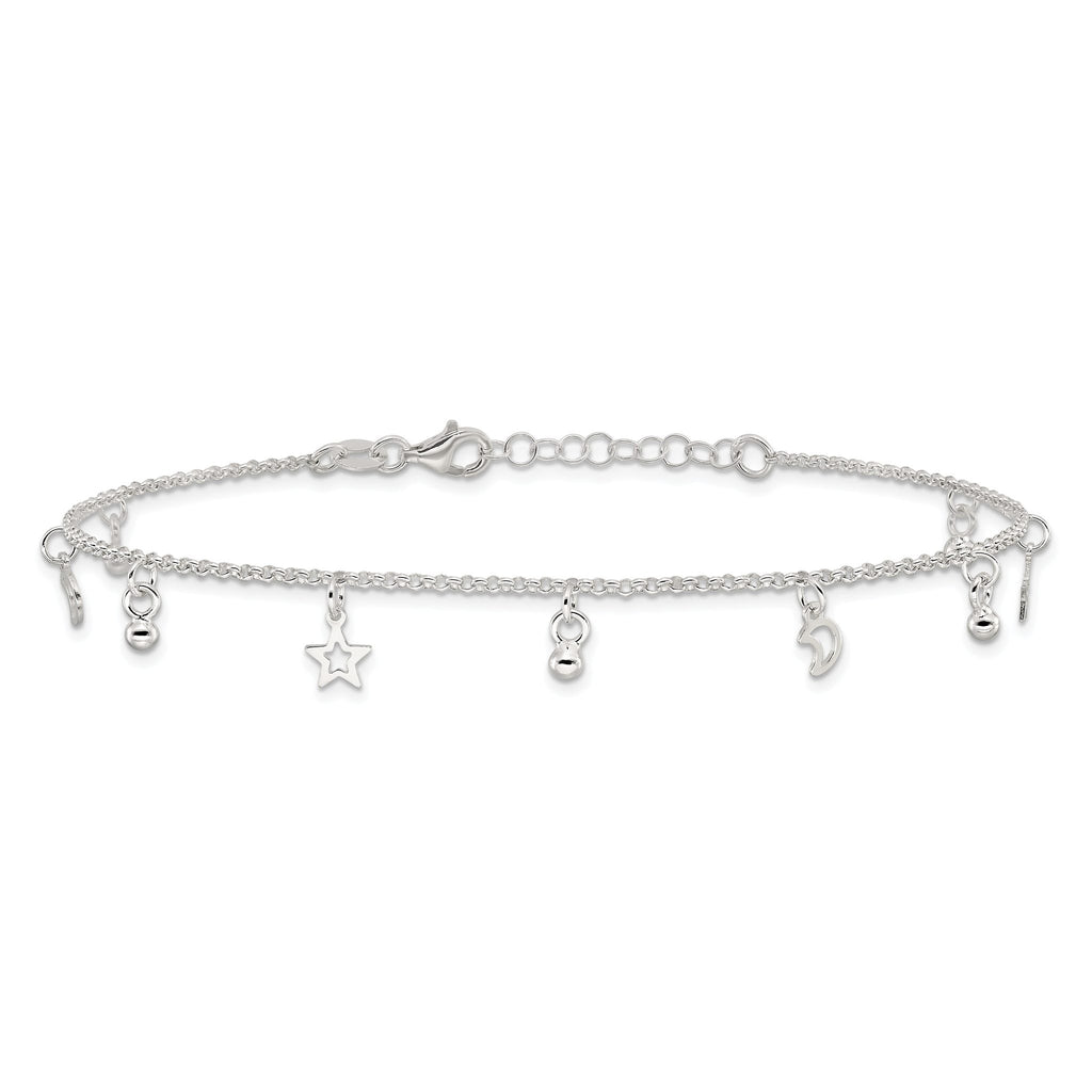 Sterling Silver Star and Moon 9 inch Plus 1 inch Extender - Total 10 inch Anklet