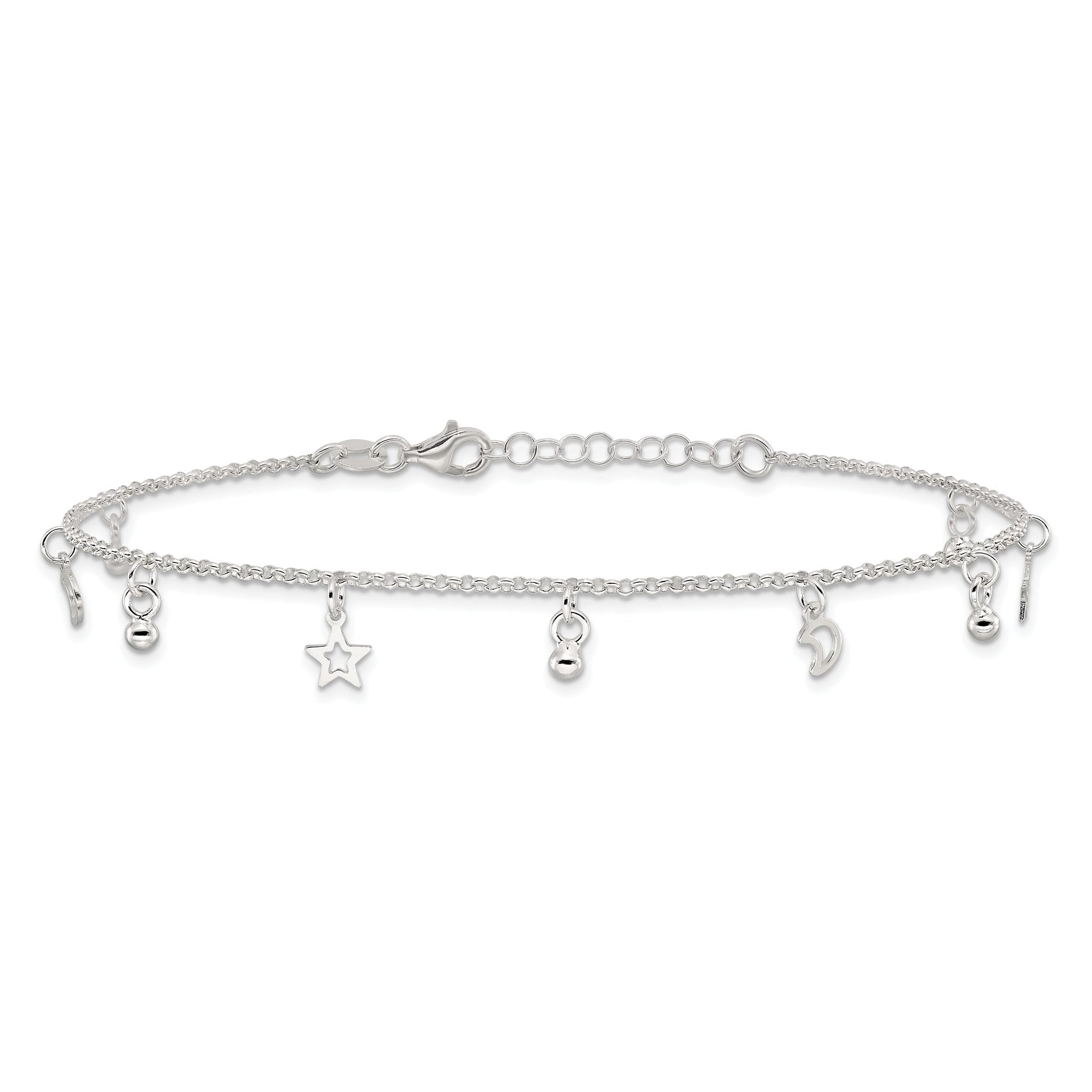 Sterling Silver Star and Moon 9 inch Plus 1 inch Extender - Total 10 inch Anklet