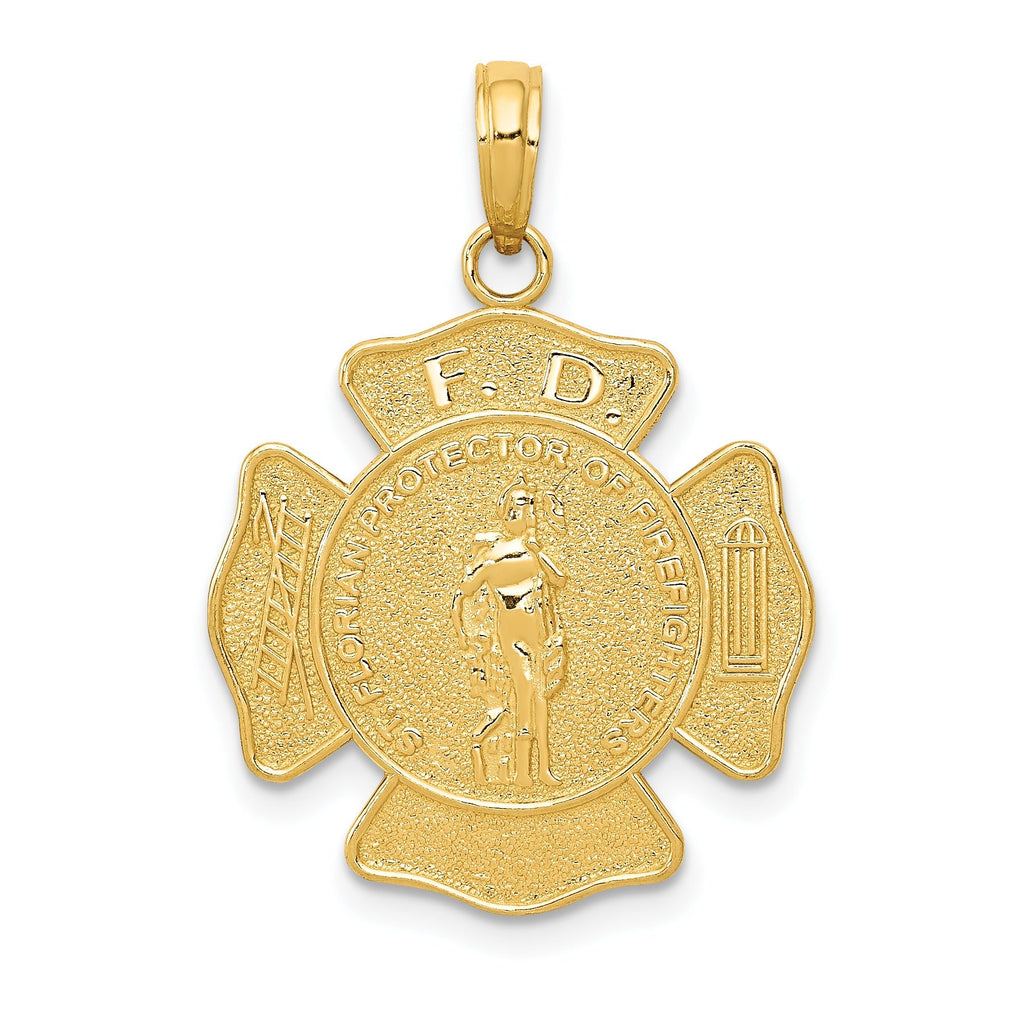 14K Gold Fire Department St. Florian Badge Pendant Polished & Textured Design