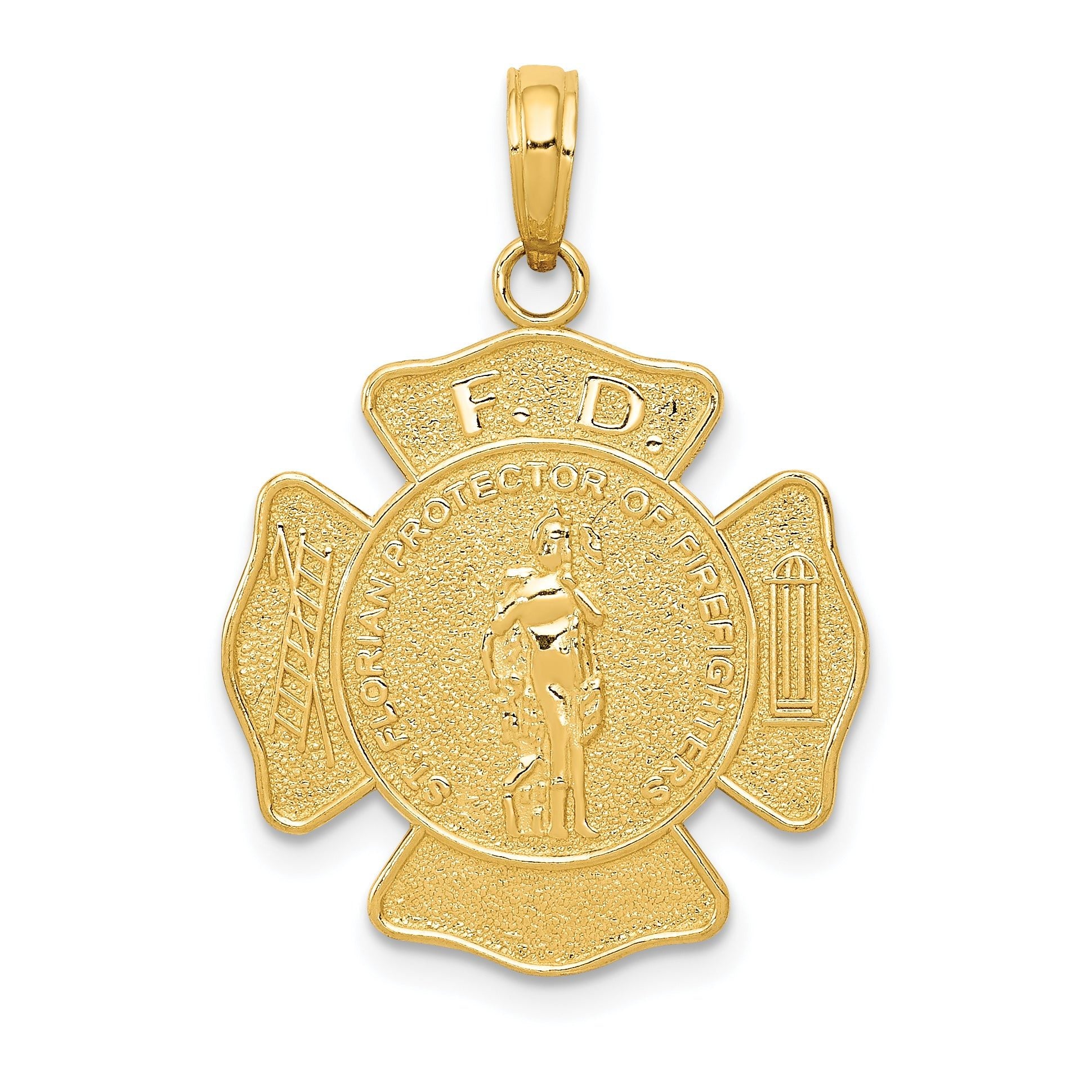 14K Gold Fire Department St. Florian Badge Pendant Polished & Textured Design