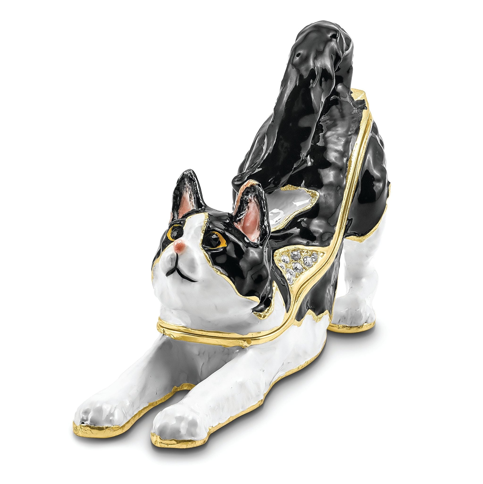 Luxury Giftware by Jere Pewter Bejeweled Crystals Gold-tone Enameled SLEEPY Stretching Black and White Cat Trinket Box with Matching 18 Inch Necklace