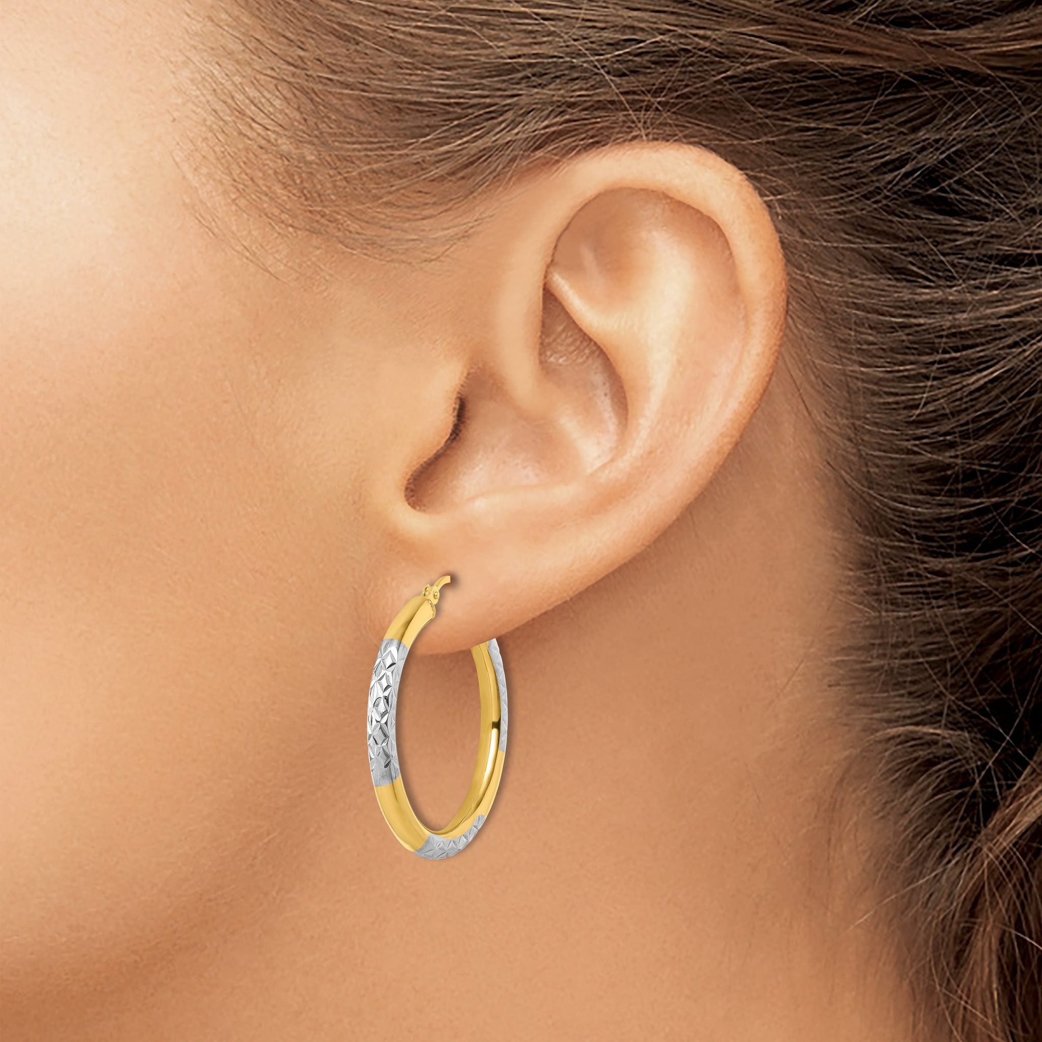 14k with Rhodium Diamond Cut 3mm Hoop Earrings
