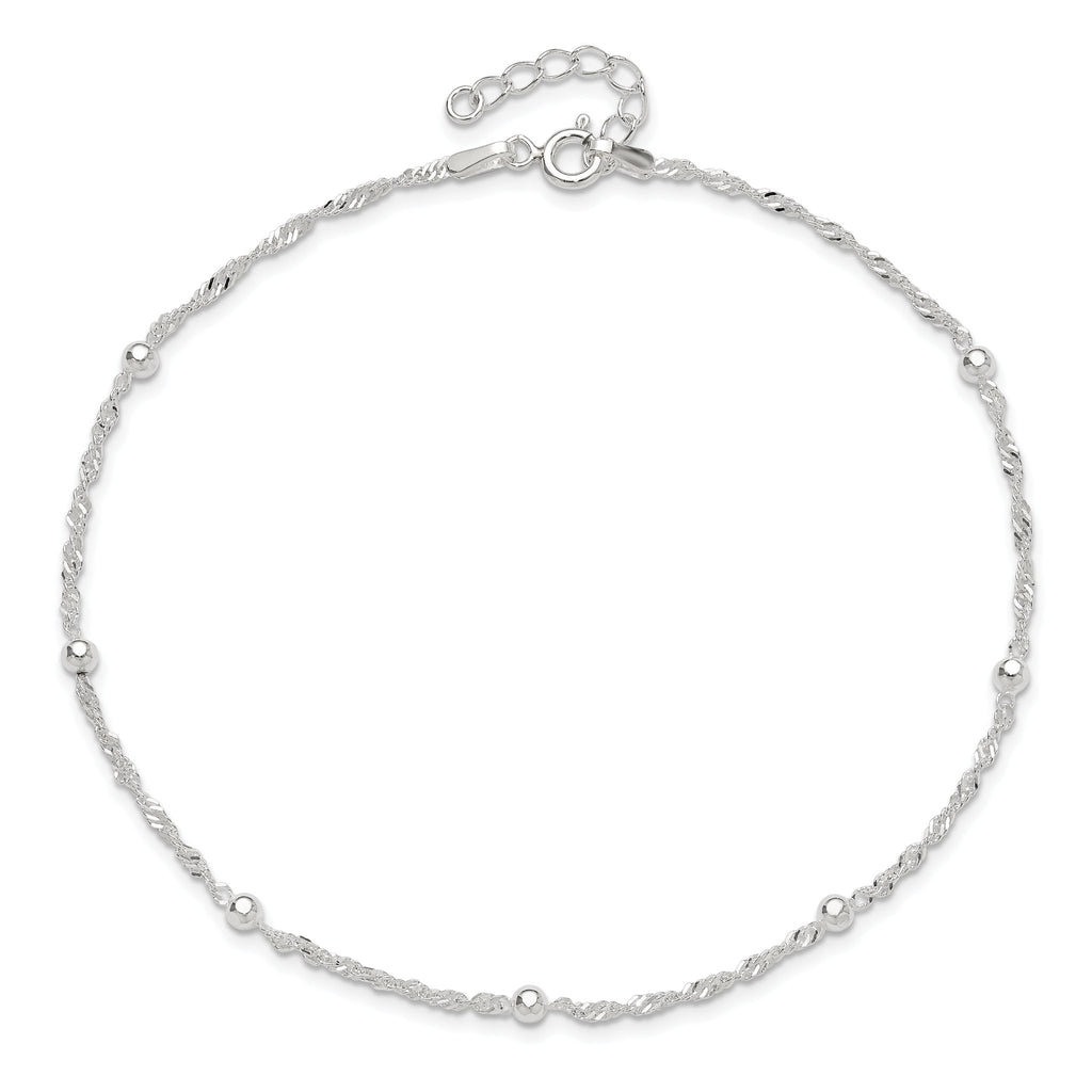 Sterling Silver Bead 7-Station 9 inch Plus 1 inch Extender - Total 10 inch Anklet