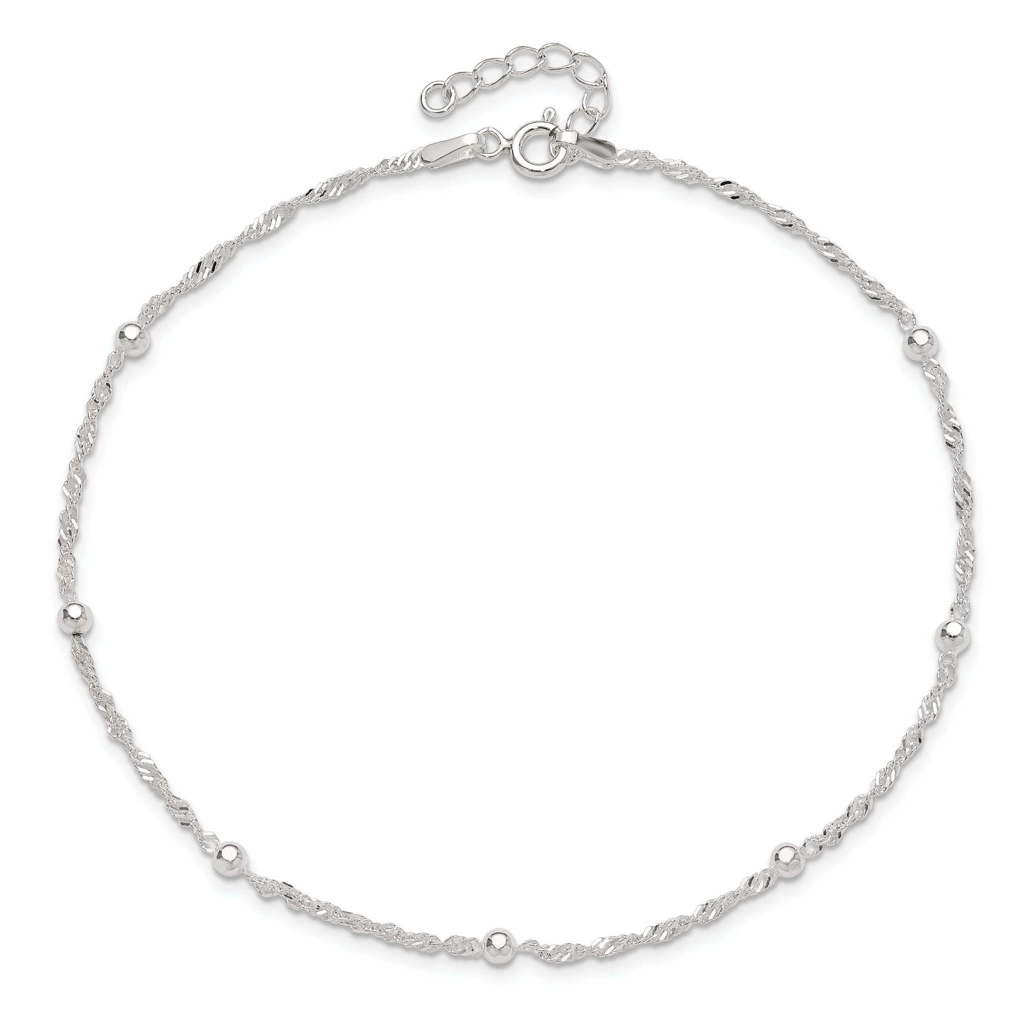 Sterling Silver Bead 7-Station 9 inch Plus 1 inch Extender - Total 10 inch Anklet