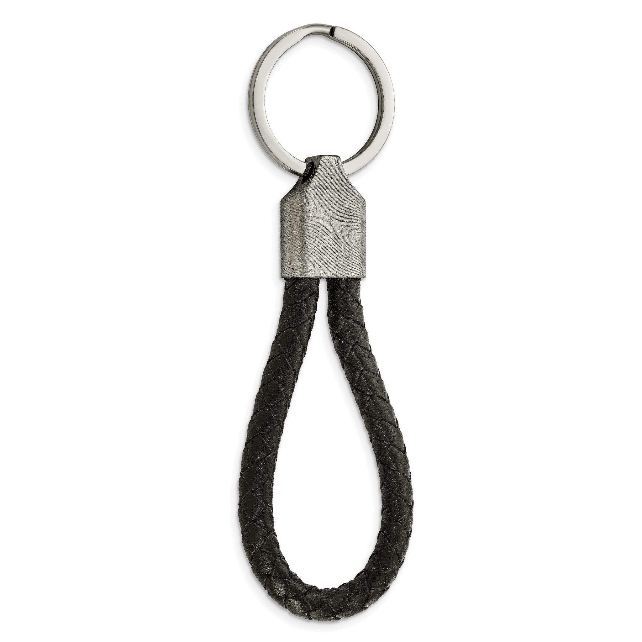 Chisel Damascus Steel Brushed and Textured Black Leather Key Ring Main image
