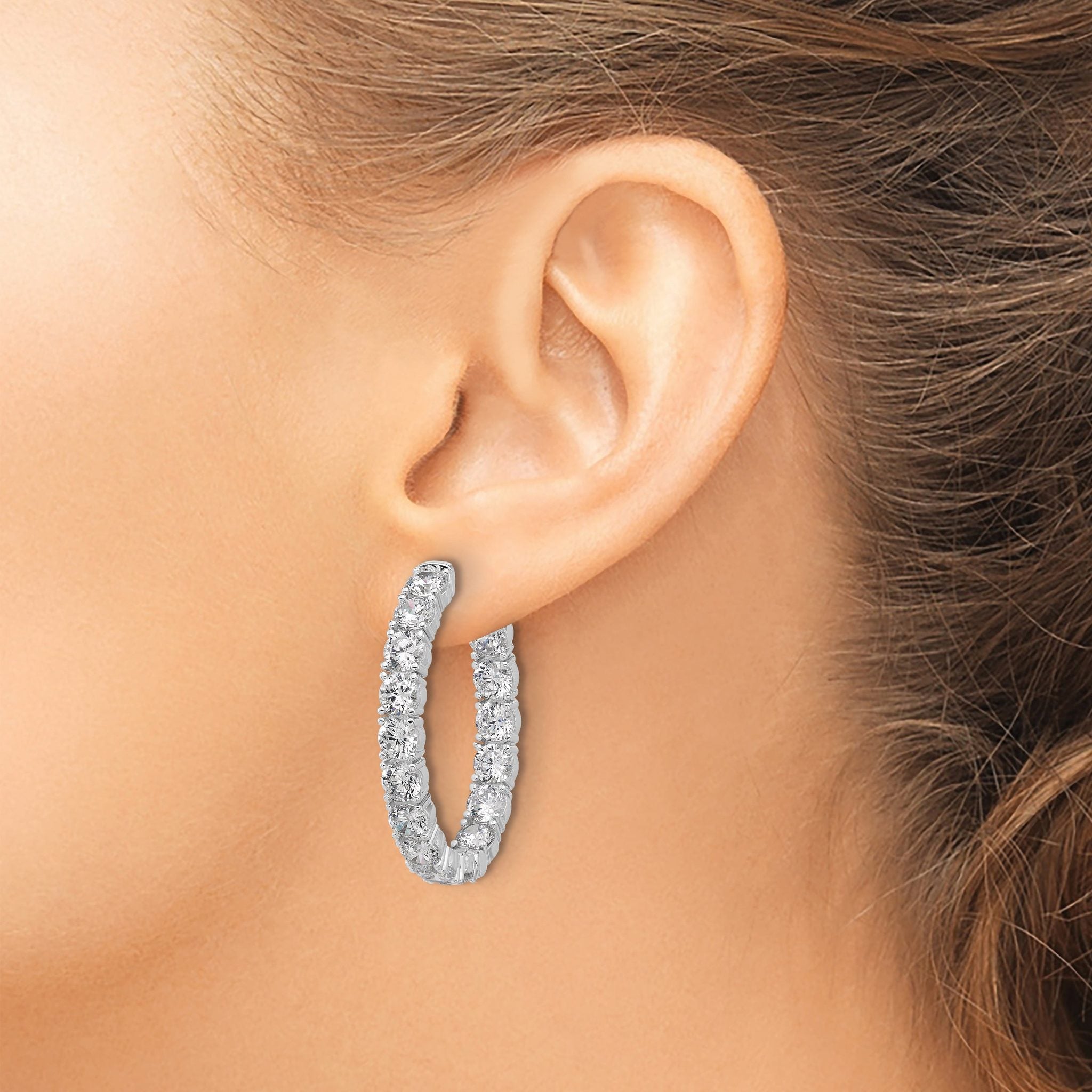Sterling Shimmer Sterling Silver Rhodium-plated  4.25mm CZ 32 Stone Oval In and Out Hinged Hoop Earrings