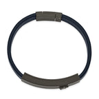 Stainless Steel Polished Black IP Carbon Fiber Blue Faux Leather Bracelet for Men