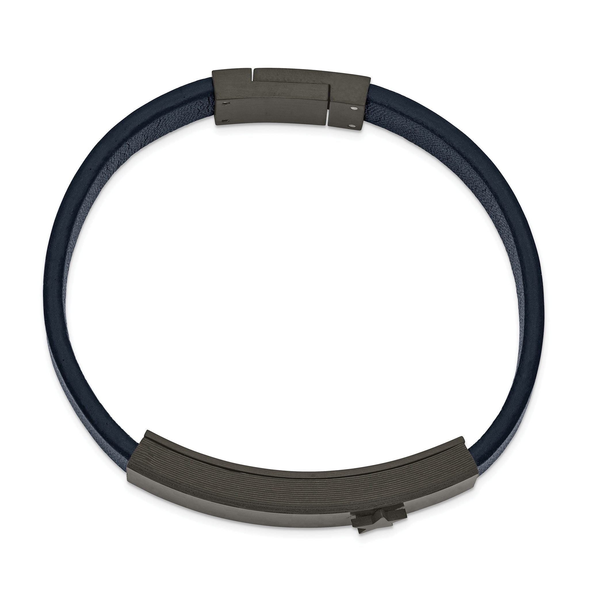 Stainless Steel Polished Black IP Carbon Fiber Blue Faux Leather Bracelet for Men