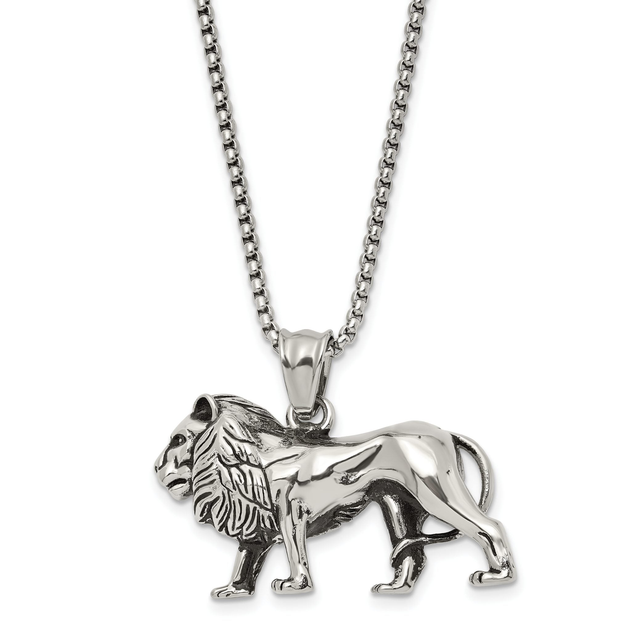 Chisel Stainless Steel Antiqued and Polished Lion Pendant on a 25.5 inch Box Chain Necklace Main image