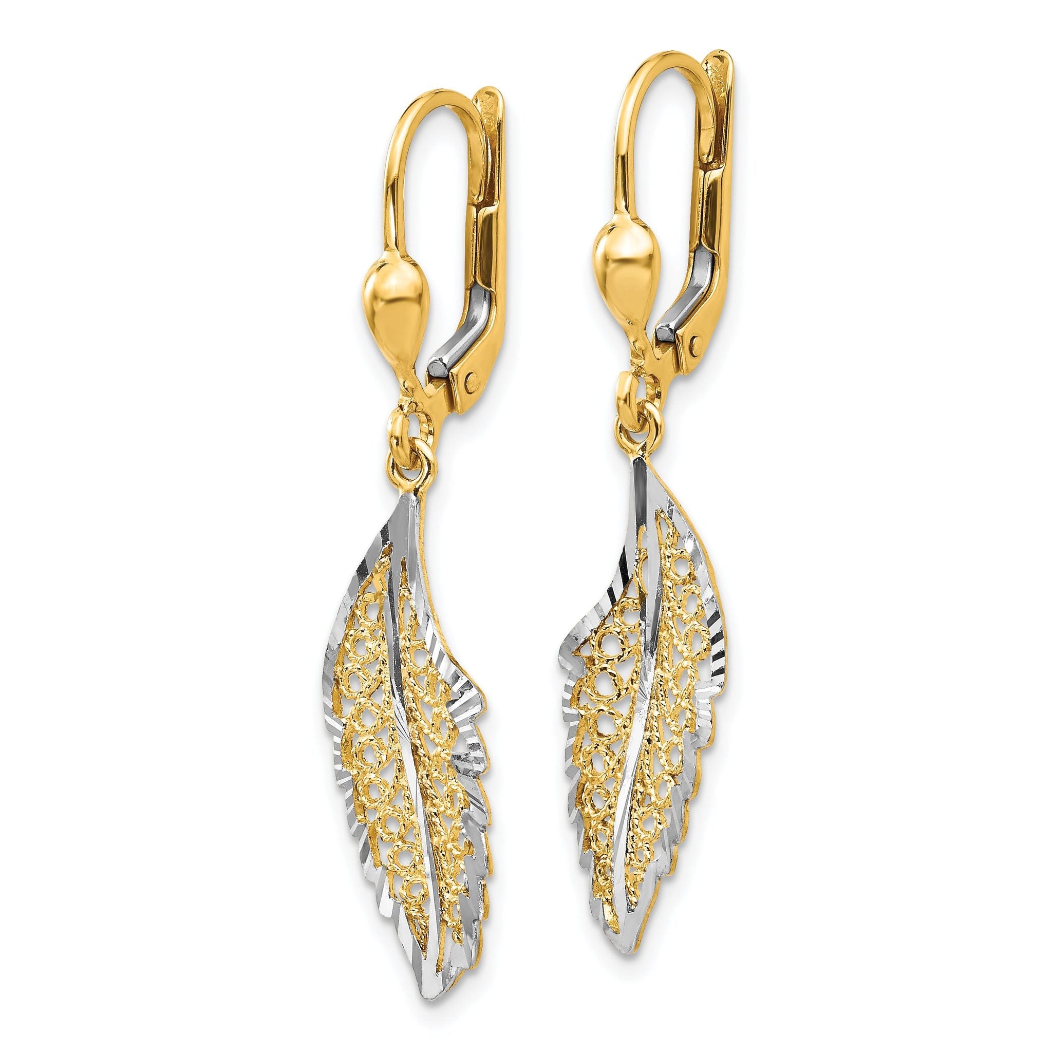 14K and Rhodium Polished and Textured Leaf Leverback Earrings Secondary image