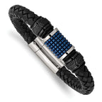 Stainless Steel Polished Black and Blue IP-plated Black Leather and Rubber Bracelet for Men