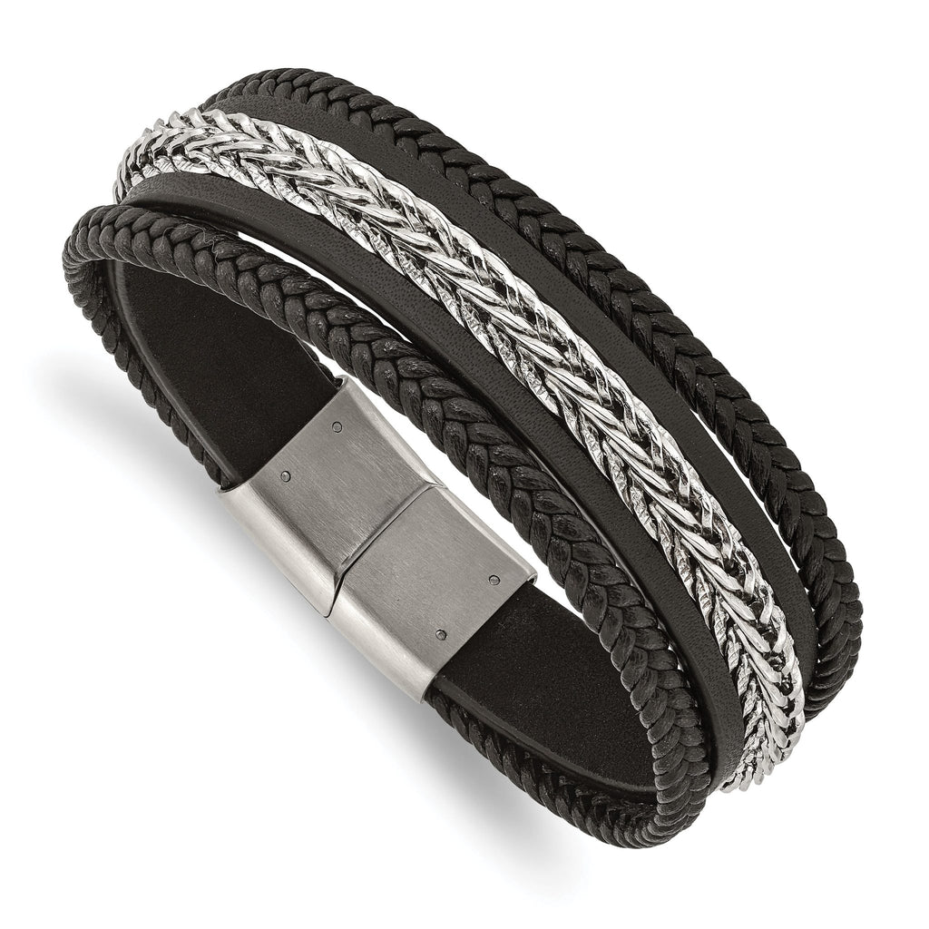 Stainless Steel Polished Multi Strand Black Leather Bracelet for Men