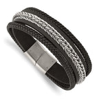 Stainless Steel Polished Multi Strand Black Leather Bracelet for Men