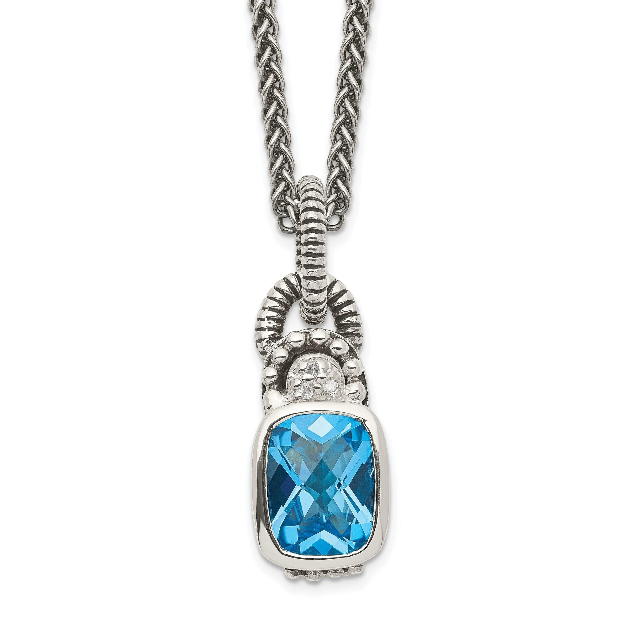 Shey Couture Sterling Silver 18 Inch Antiqued Cushion Bezel Sky Blue Topaz and Diamond Necklace Main image