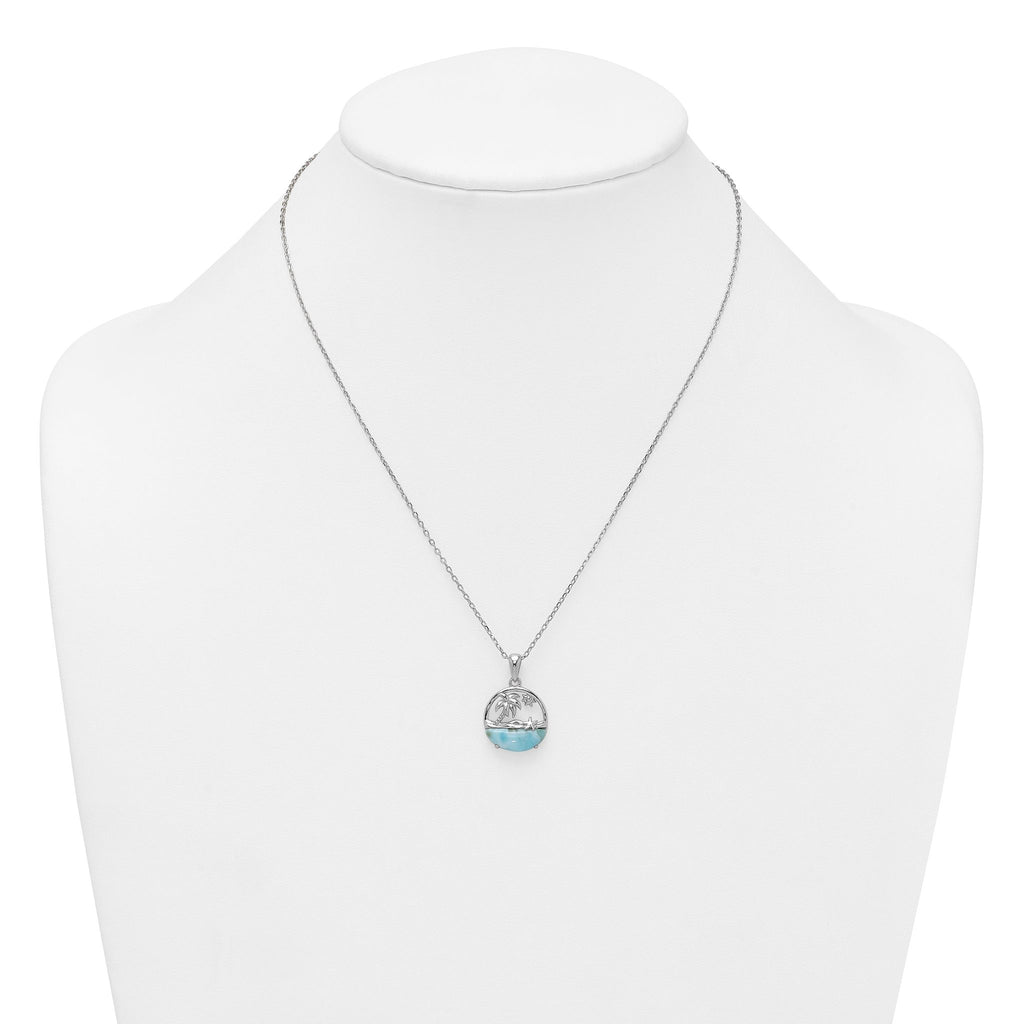 Sterling Silver Rhodium-plated Polished Larimar Beach Scene 16 Inch with 1.75 Inch Extension Necklace