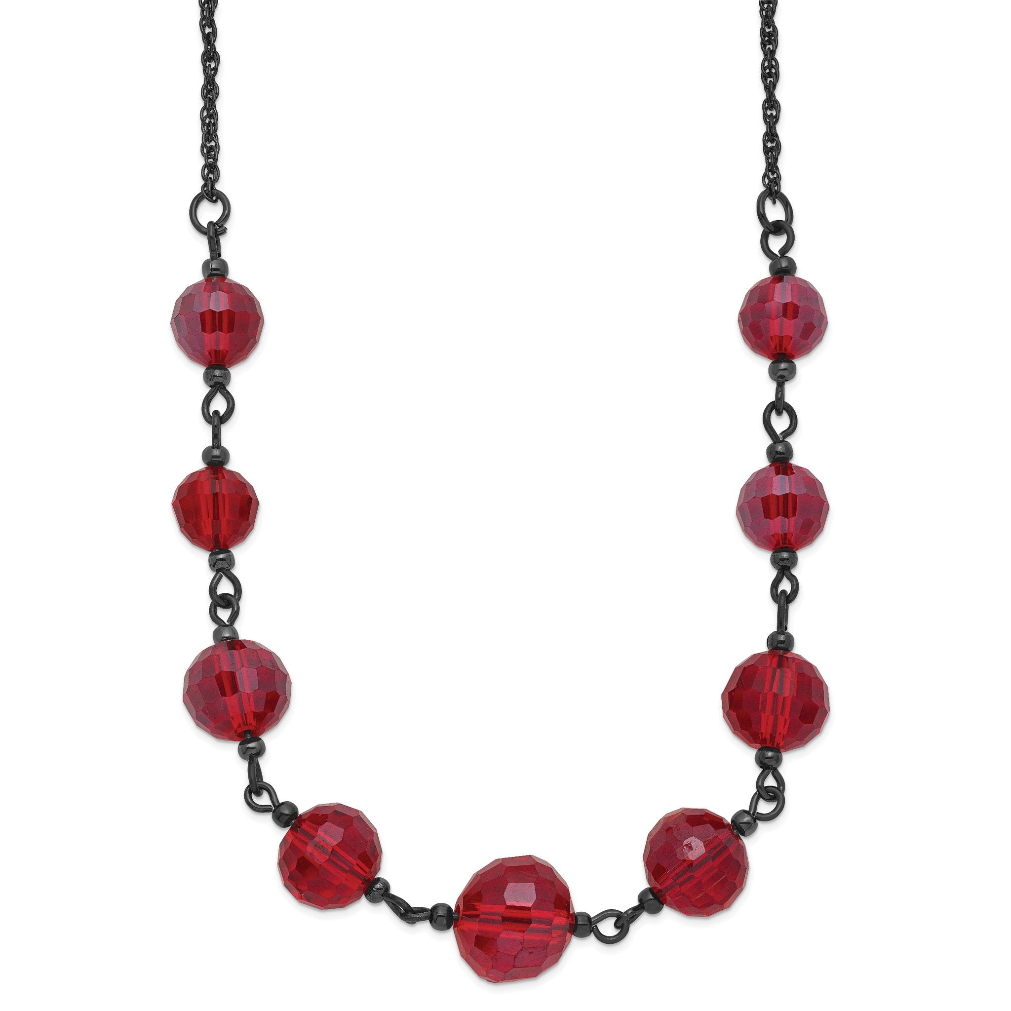 1928 Jewelry Black-plated Red Glass Faceted Graduated Bead 16 inch Necklace with 3 inch extension Main image