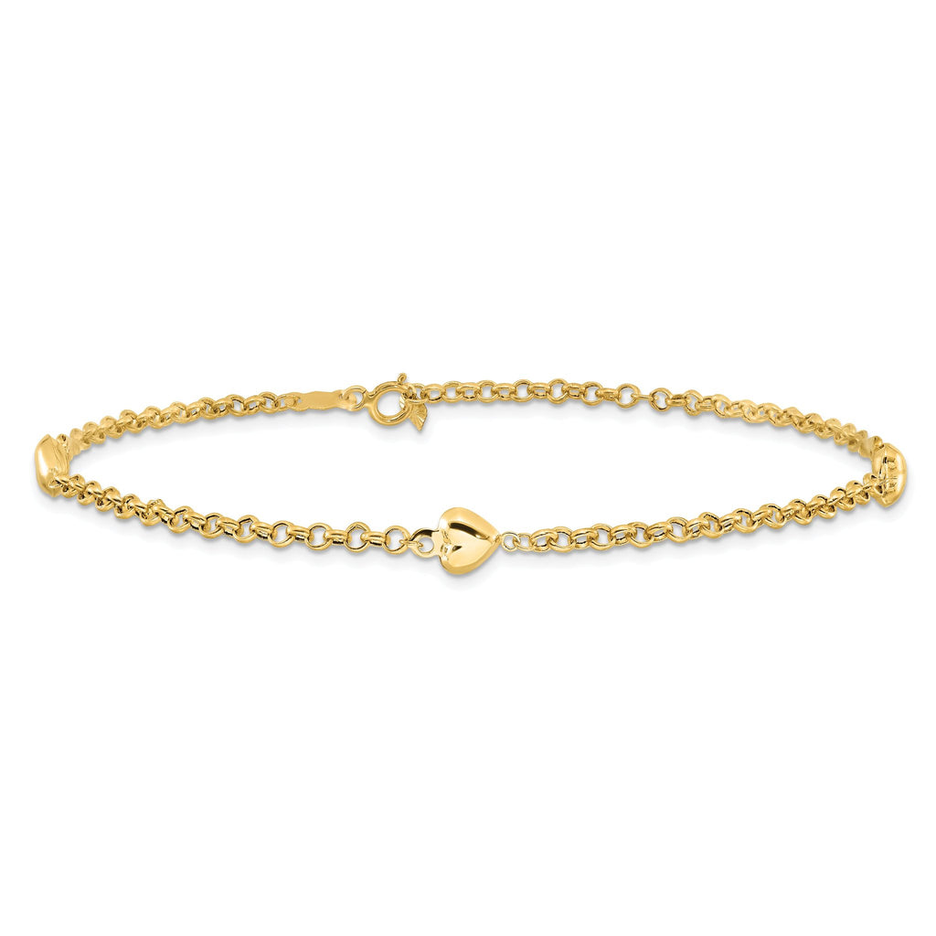 14k Polished Puffed Heart 3-Station 10 inch Anklet