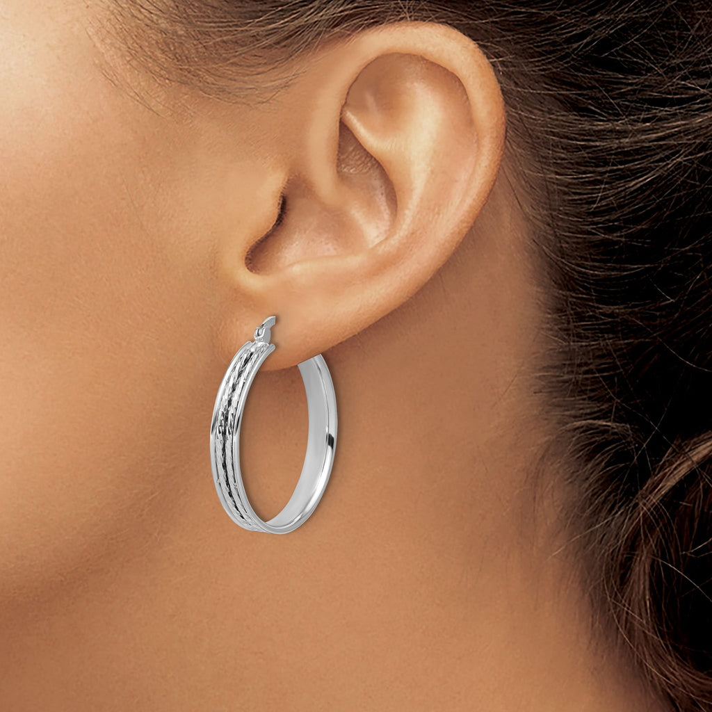 SS RH-plated Polished and D/C 31x5mm Round Hoop Earrings