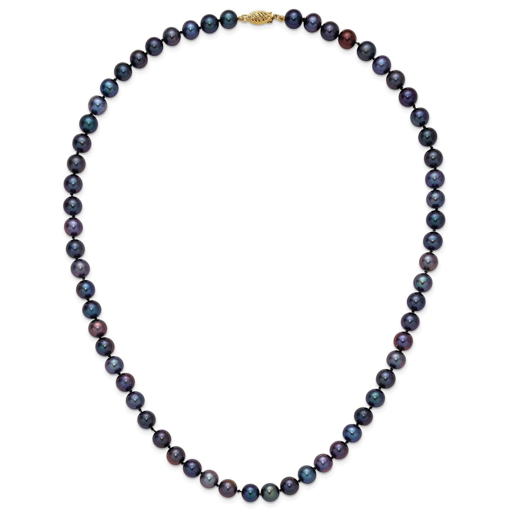 14K Yellow Gold Black Freshwater Cultured Pearl Necklace 7-8mm