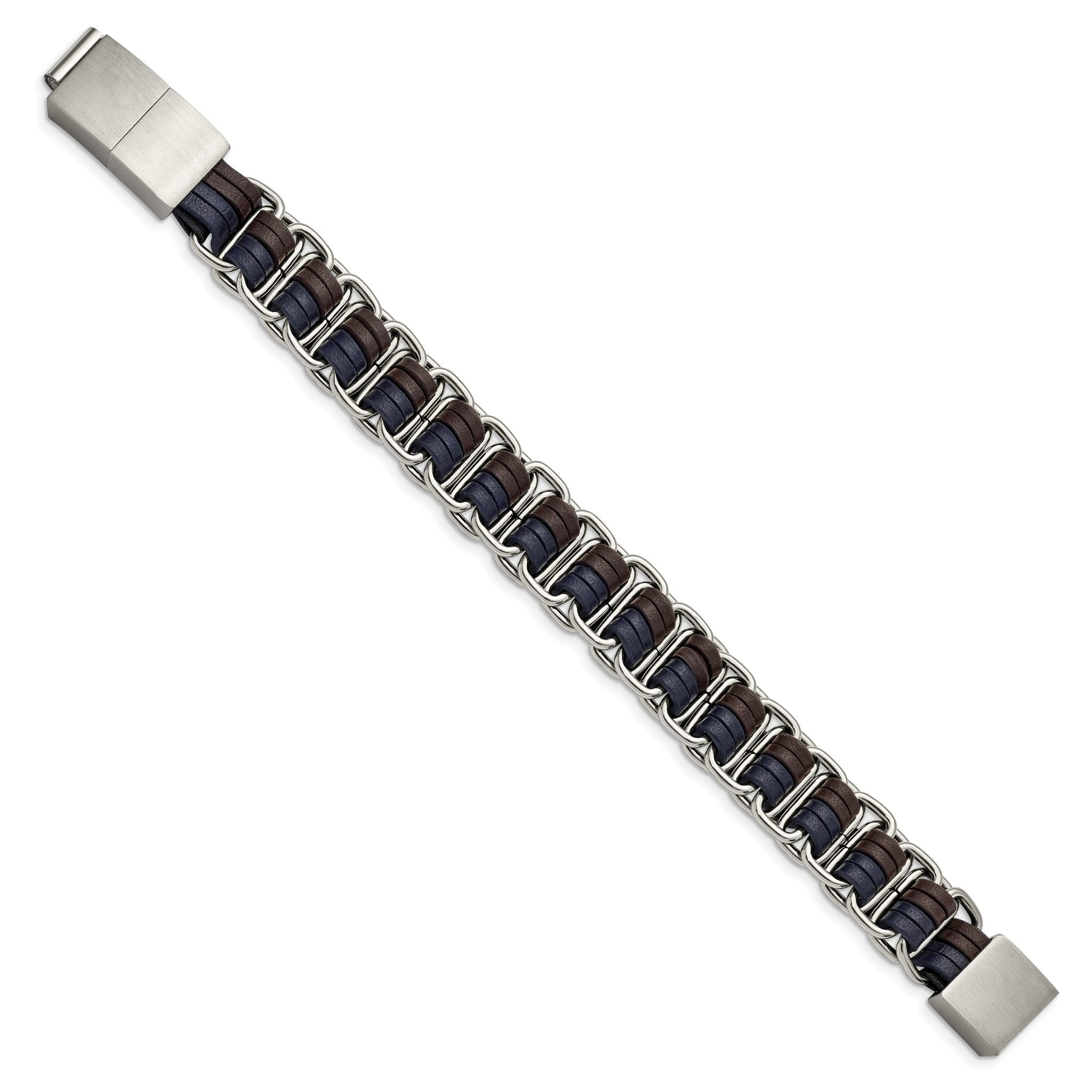 Stainless Steel Polished with Blue and Brown Leather with . ext Bracelet Secondary image