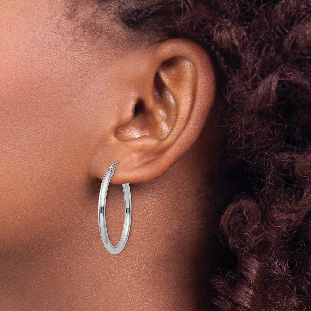 14K White Gold Polished Hoop Earrings with Rhodium Lightweight Design