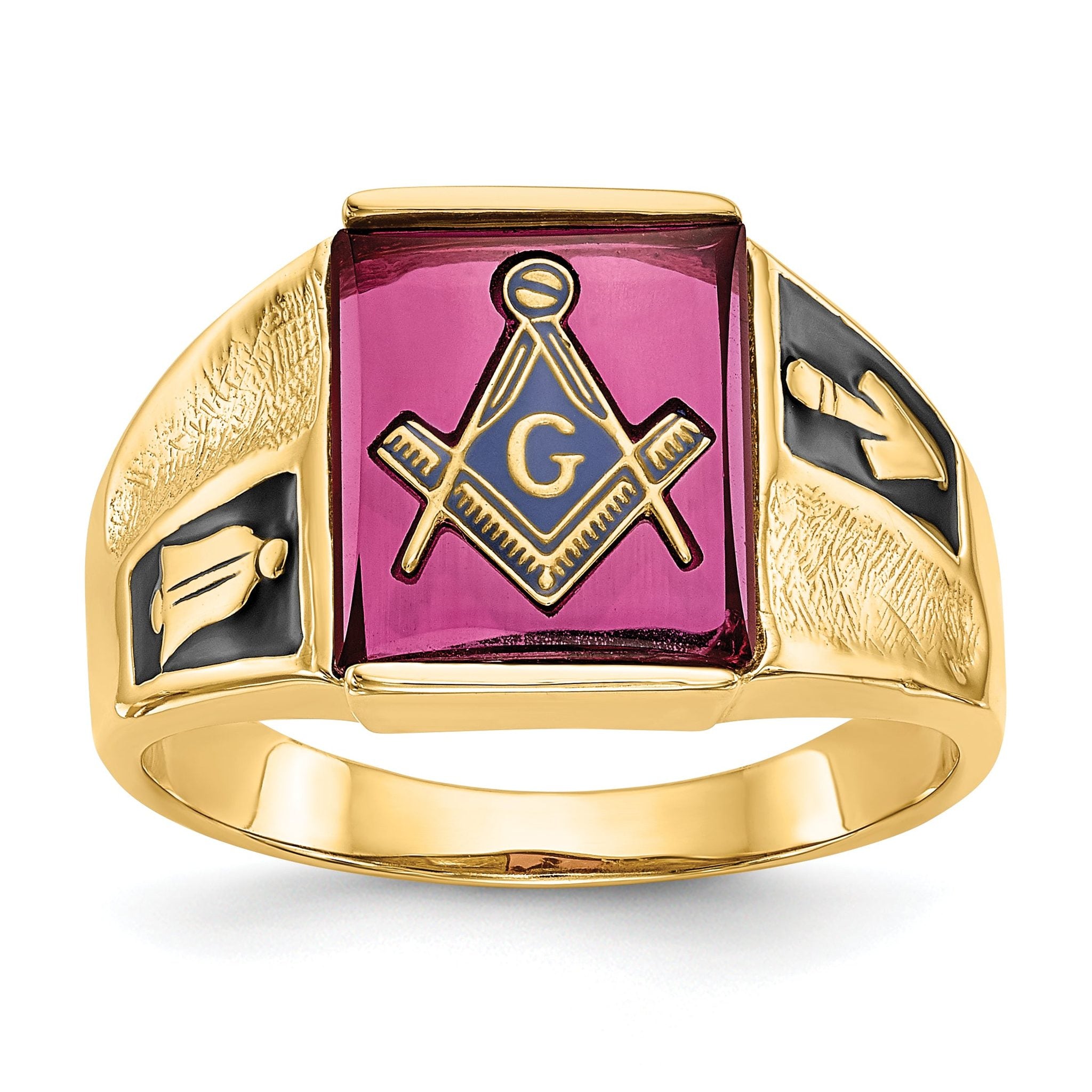 14k Men's Polished and Textured with Black Enamel and Lab Created Ruby Masonic Ring Main image