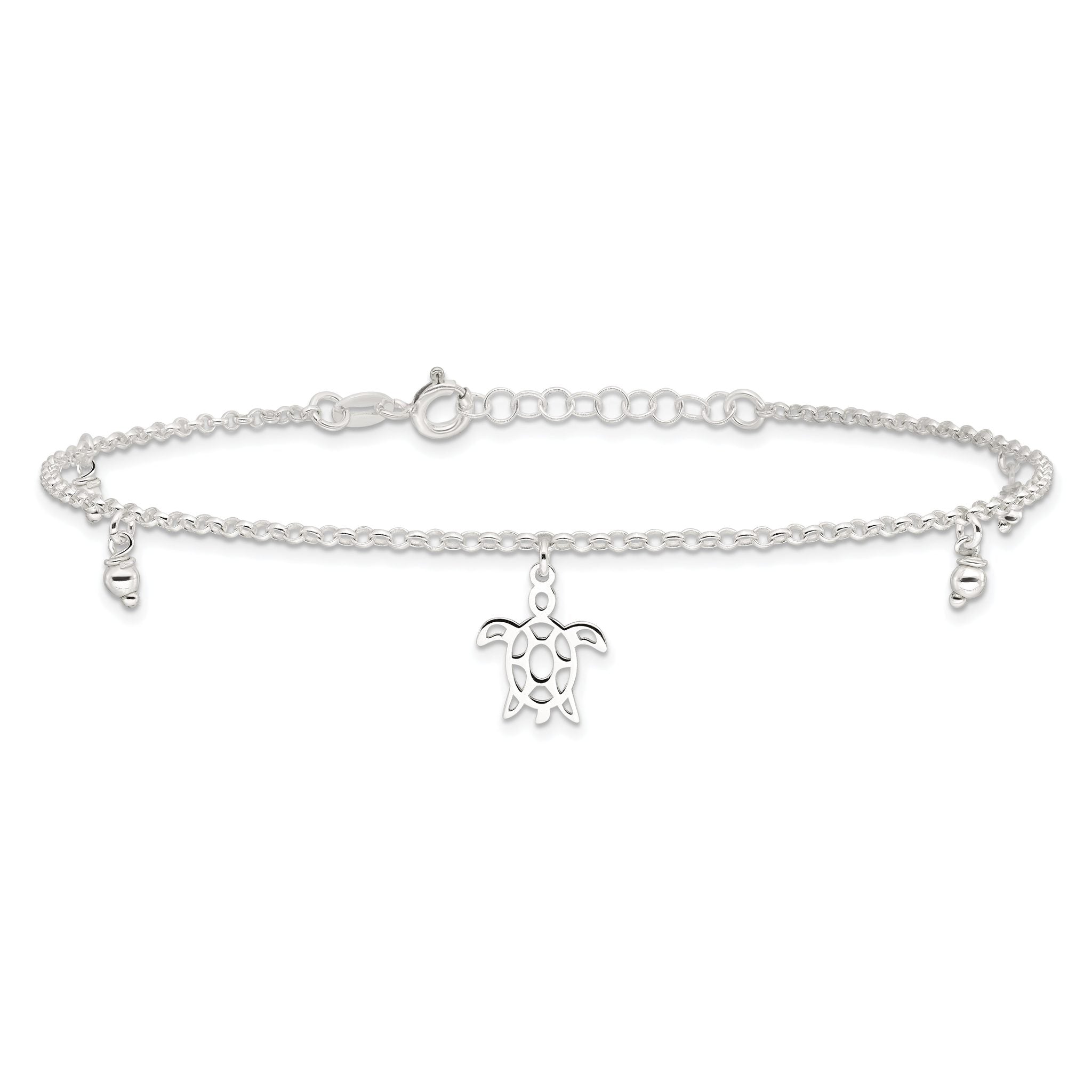 Sterling Silver Turtle and Beads 9 inch Plus 1 inch Extender - Total 10 inch Anklet