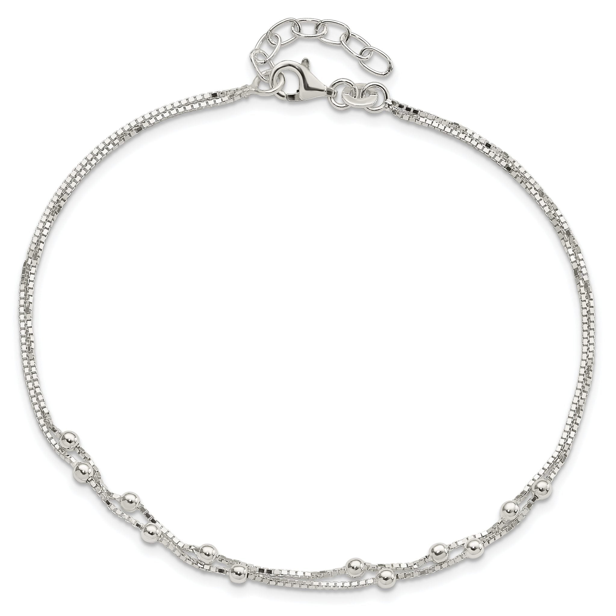 Sterling Silver Beaded 2-strand 9 inch Plus 1 inch Extender - Total 10 inch Anklet