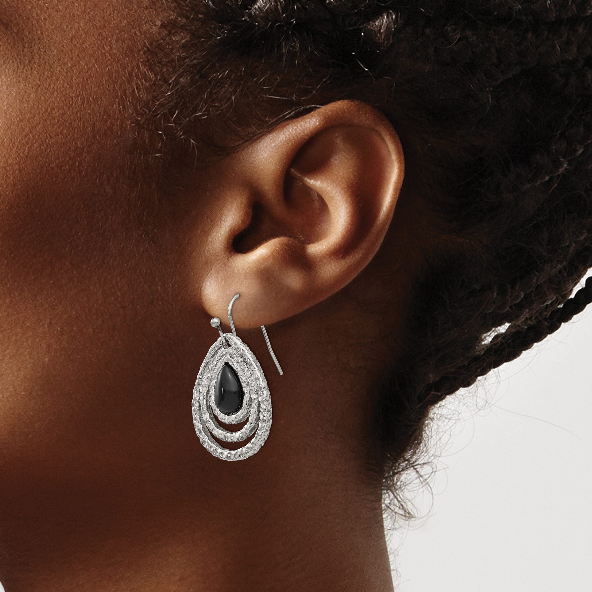 Stainless Steel Polished Textured Black Onyx Drop Dangle Earrings for Women