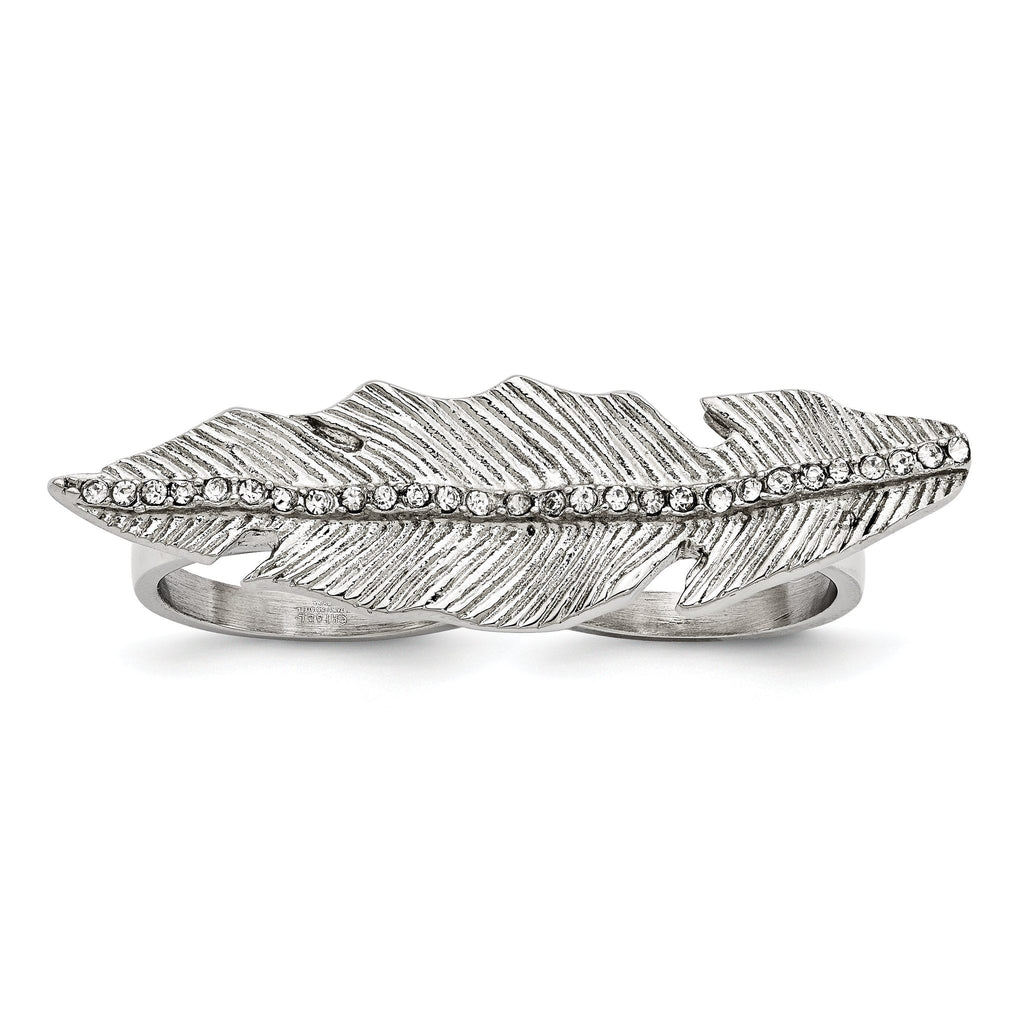 StainleSterling Silver Steel Polished&Antiqued Leaf Two Finger Crystal Ring