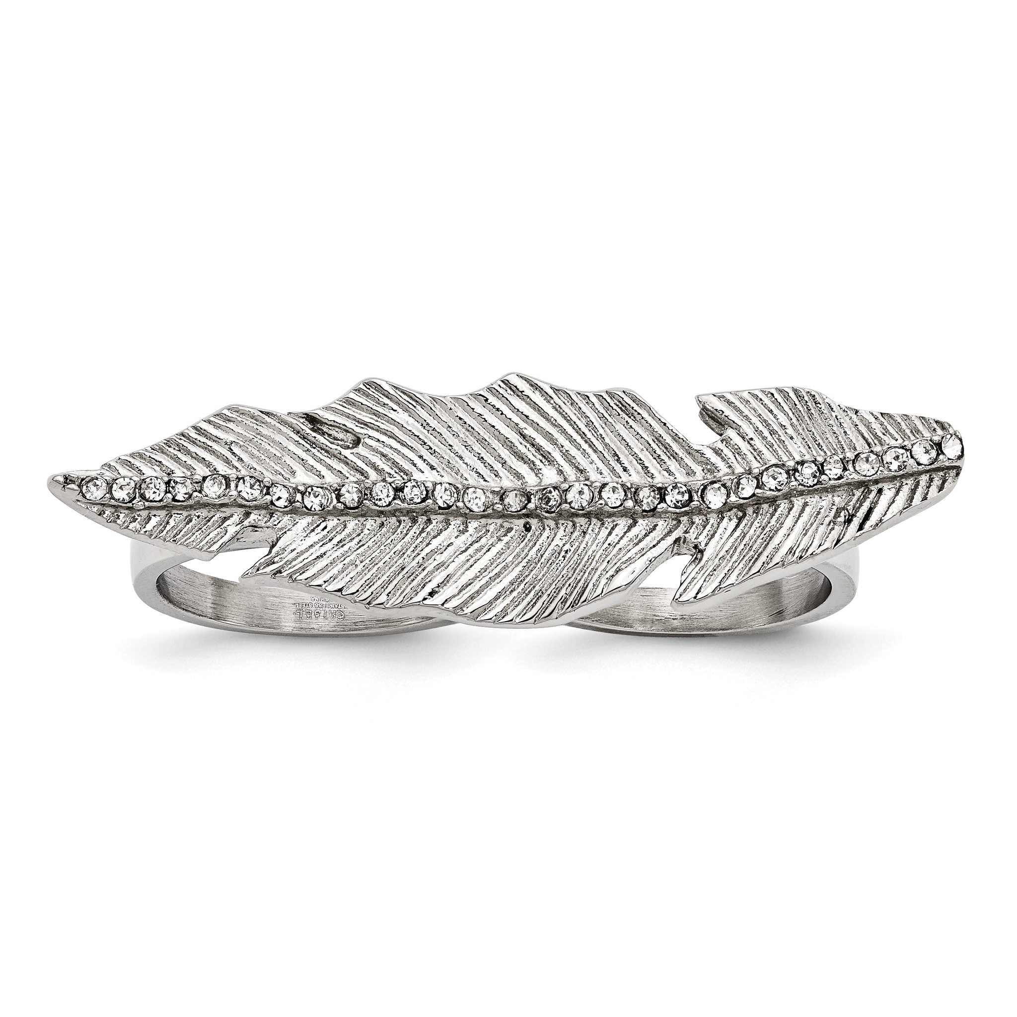 StainleSterling Silver Steel Polished&Antiqued Leaf Two Finger Crystal Ring