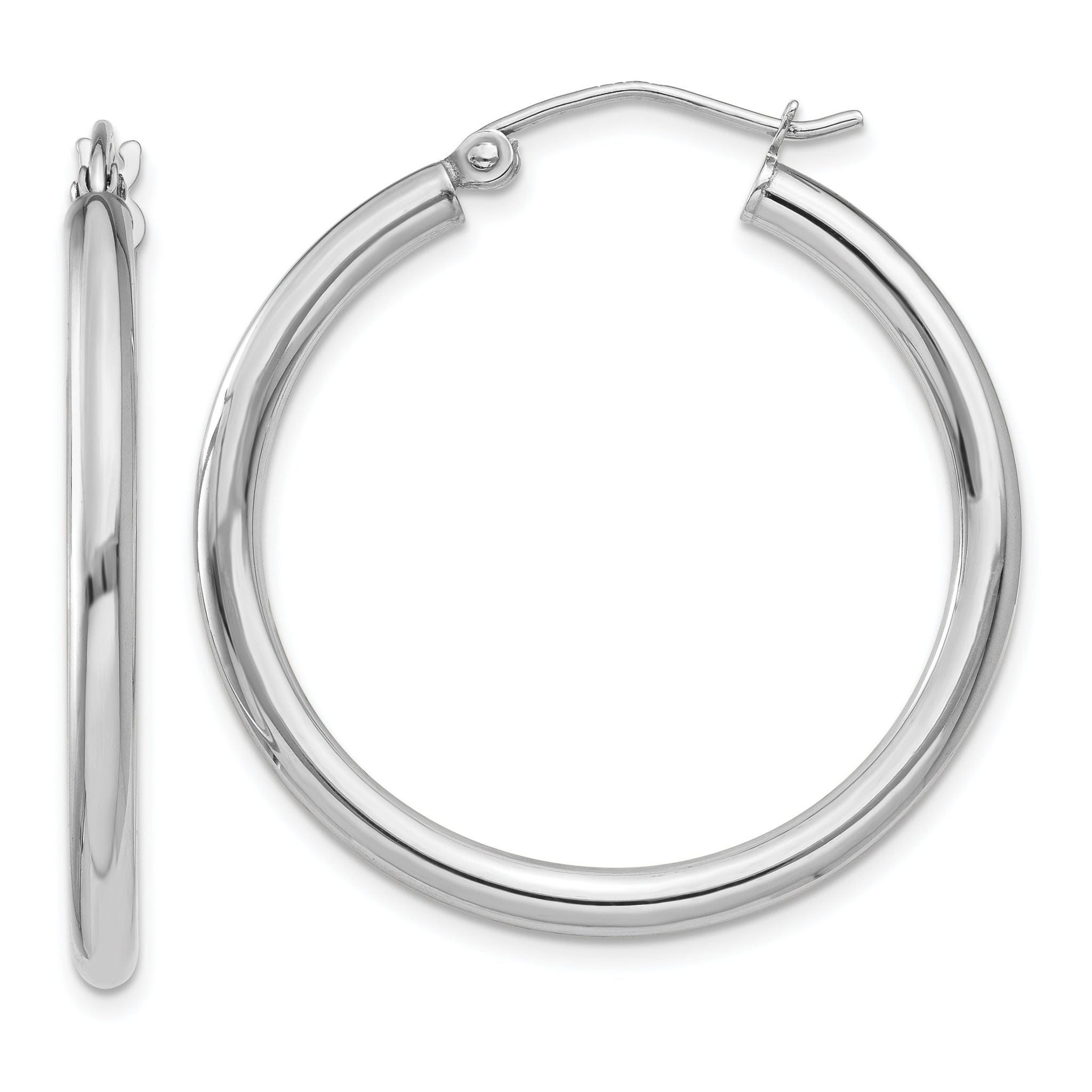 14K White Gold Polished Hoop Earrings Elegant Rhodium-Plated
