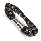 Stainless Steel Polished Multi Strand Tiger's Eye and Black Agate Beaded Black Leather Bracelet for Men
