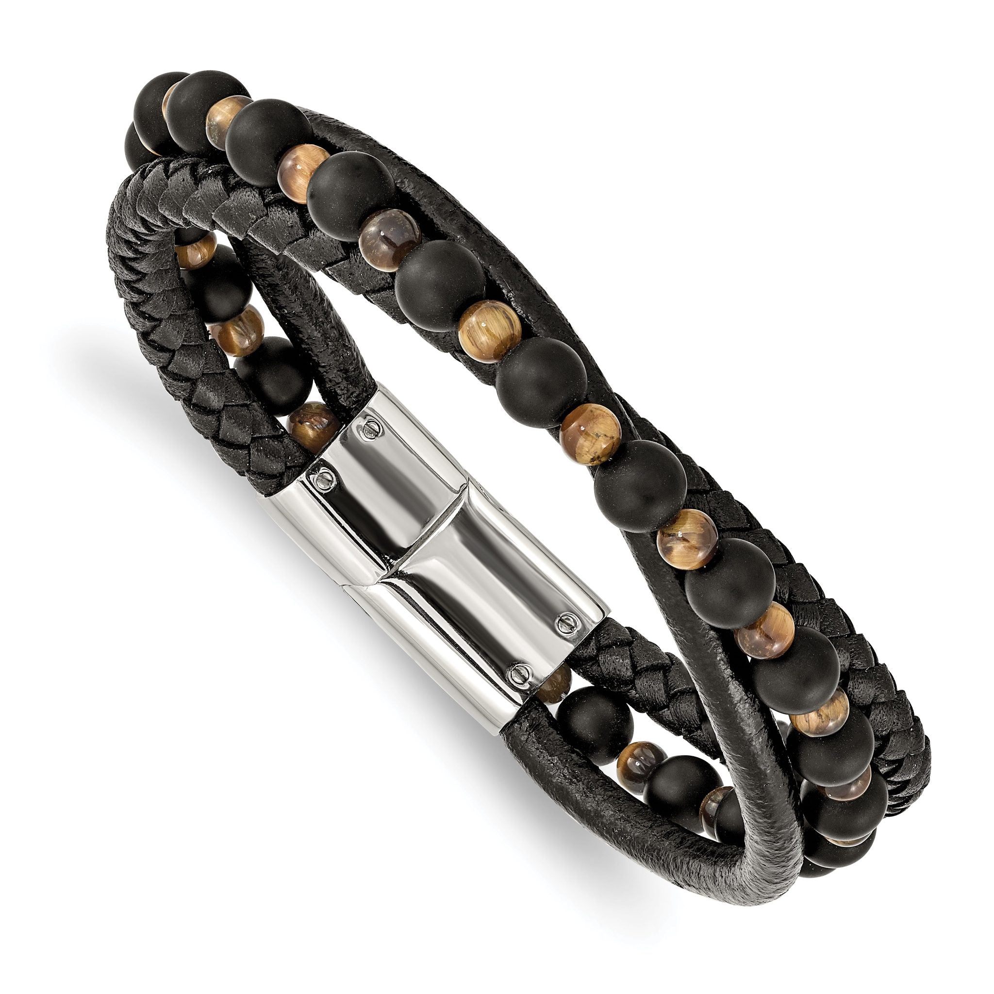 Stainless Steel Polished Multi Strand Tiger's Eye and Black Agate Beaded Black Leather Bracelet for Men