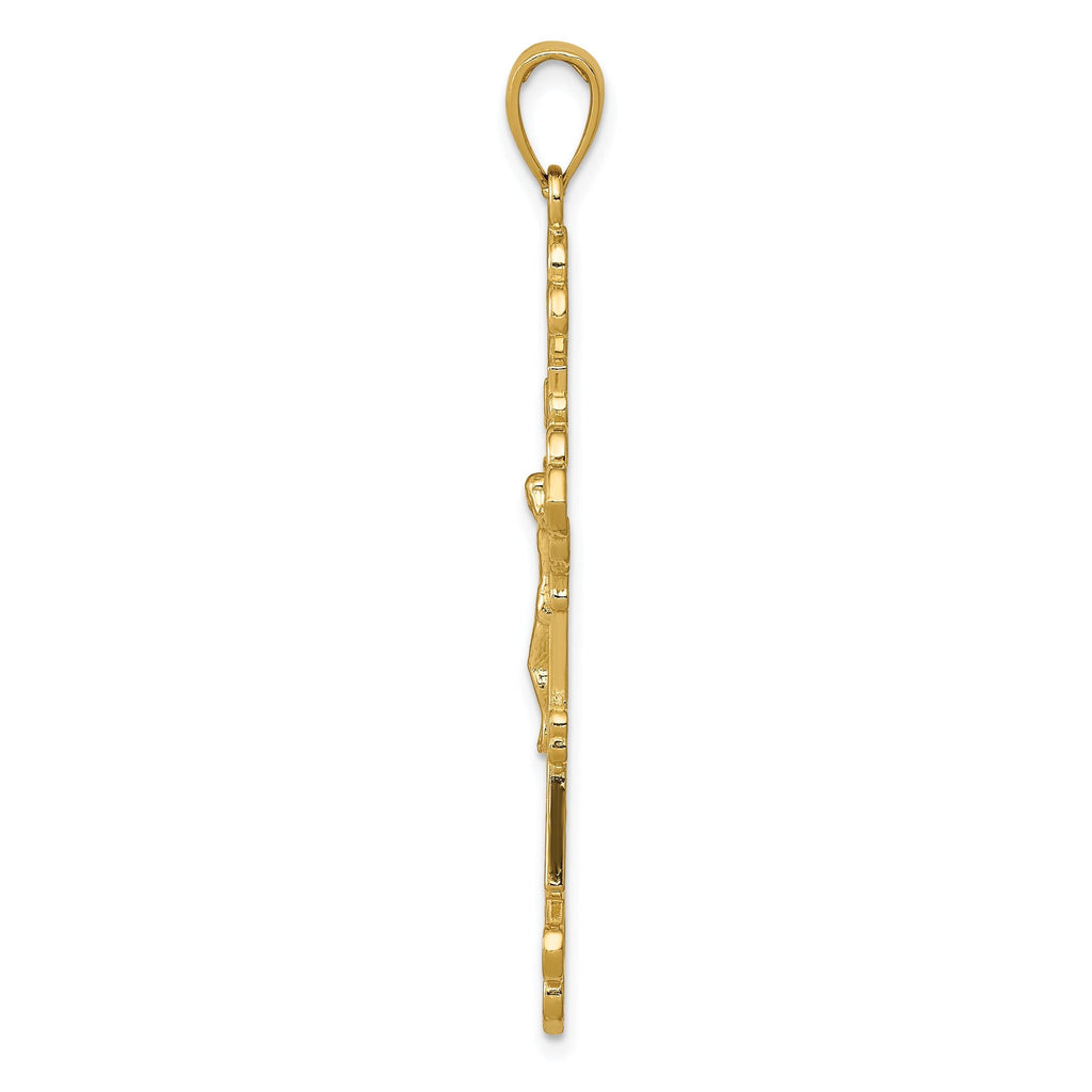 14K Gold INRI Crucifix Fleur de Lis Pendant with Polished Textured Finish 45mm