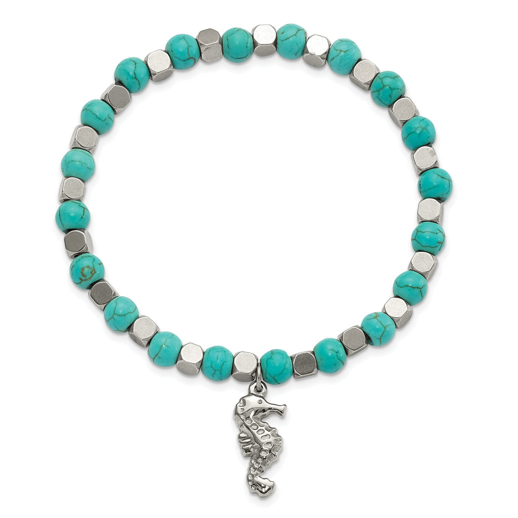 Stainless Steel Polished 6.5mm Seahorse Imitation Turquoise Beaded Stretch Bracelet for Women
