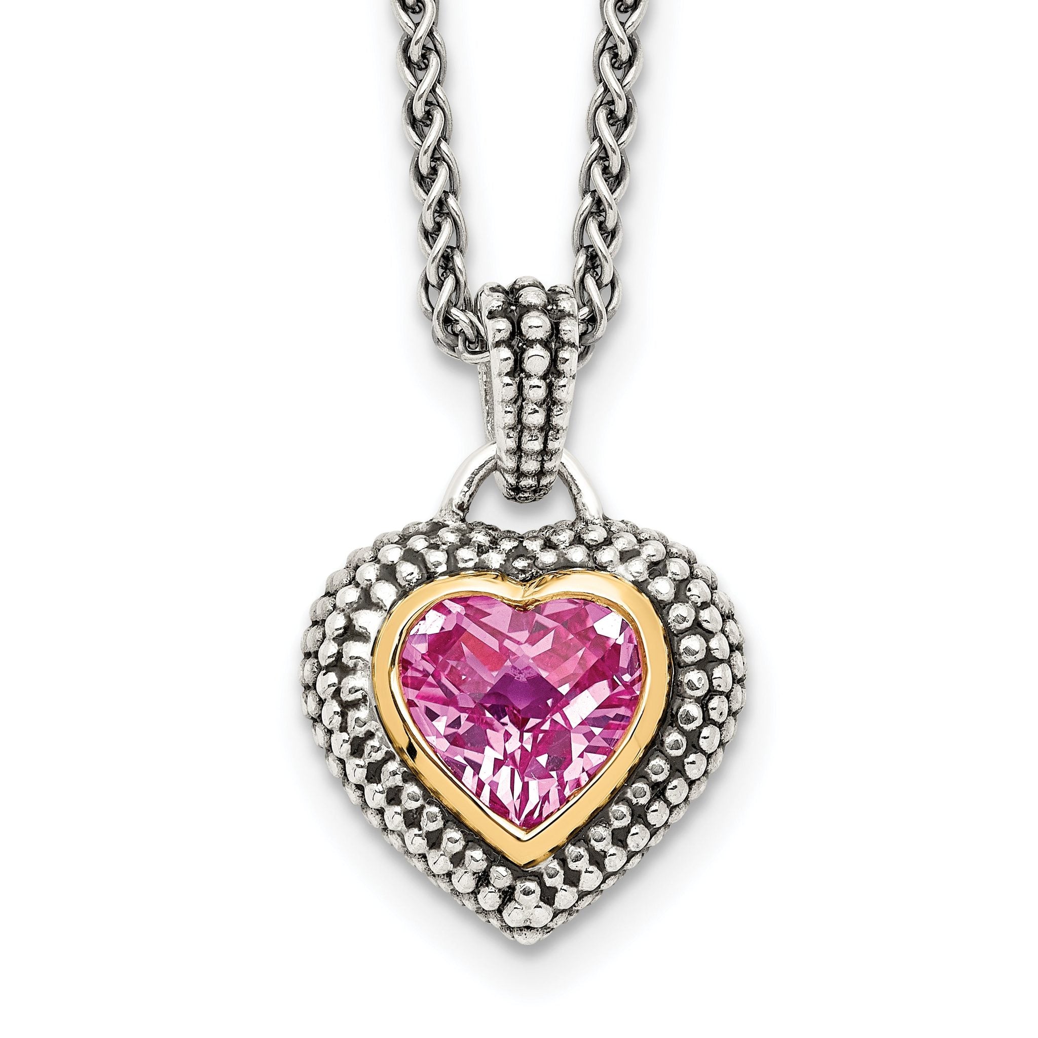 Shey Couture Sterling Silver with 14K Accent 18 Inch Antiqued Heart Bezel Created Pink Sapphire Necklace Main image