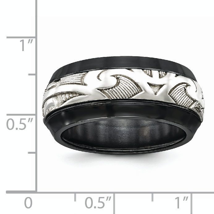 Scroll Inlay Wedding Band in Black Titanium & Sterling Silver, 10mm