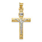 14K Two-Tone Gold INRI Crucifix Pendant with Polished Textured Finish