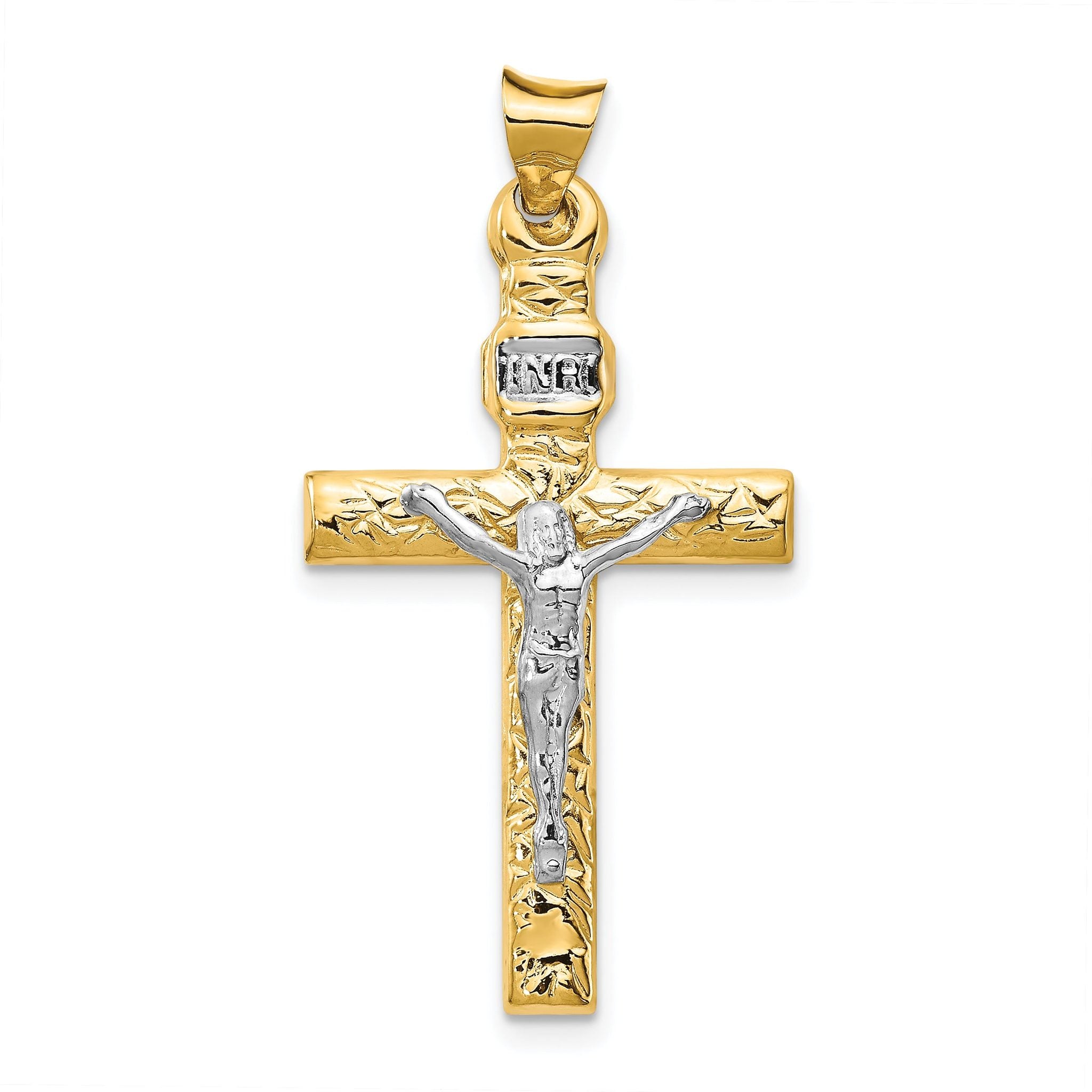14K Two-Tone Gold INRI Crucifix Pendant with Polished Textured Finish