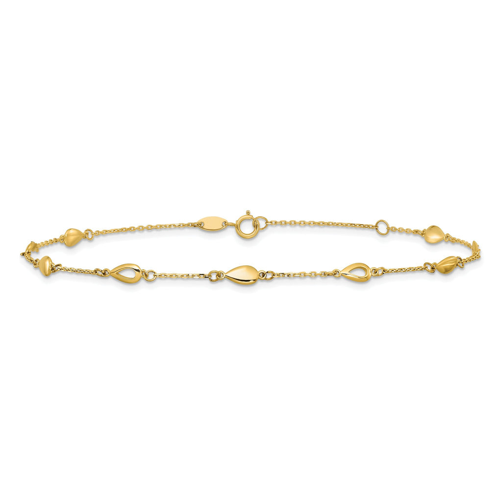 14K Polished Teardrop 9 inch Plus 1 inch Extender - Total 10 inch Anklet