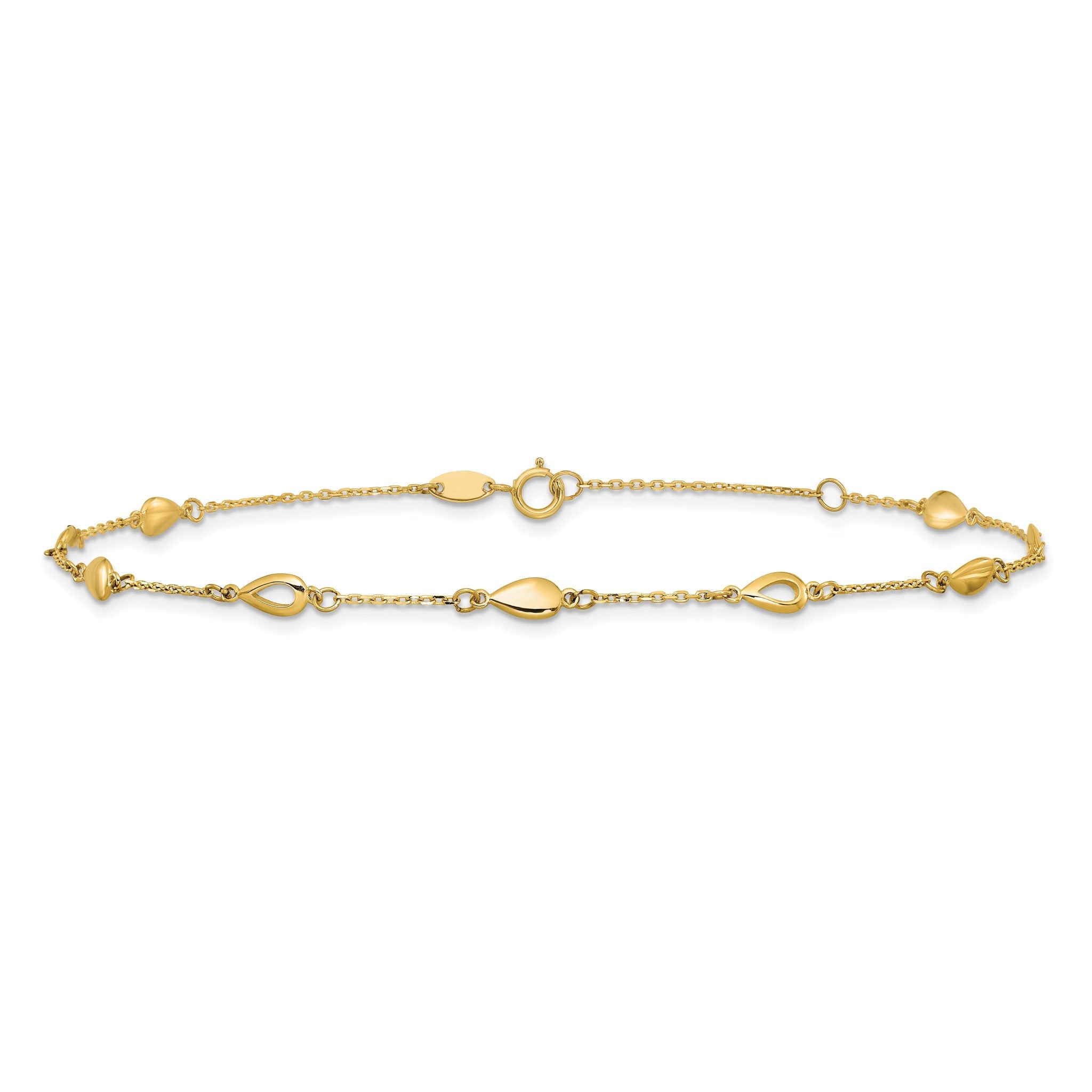 14K Polished Teardrop 9 inch Plus 1 inch Extender - Total 10 inch Anklet