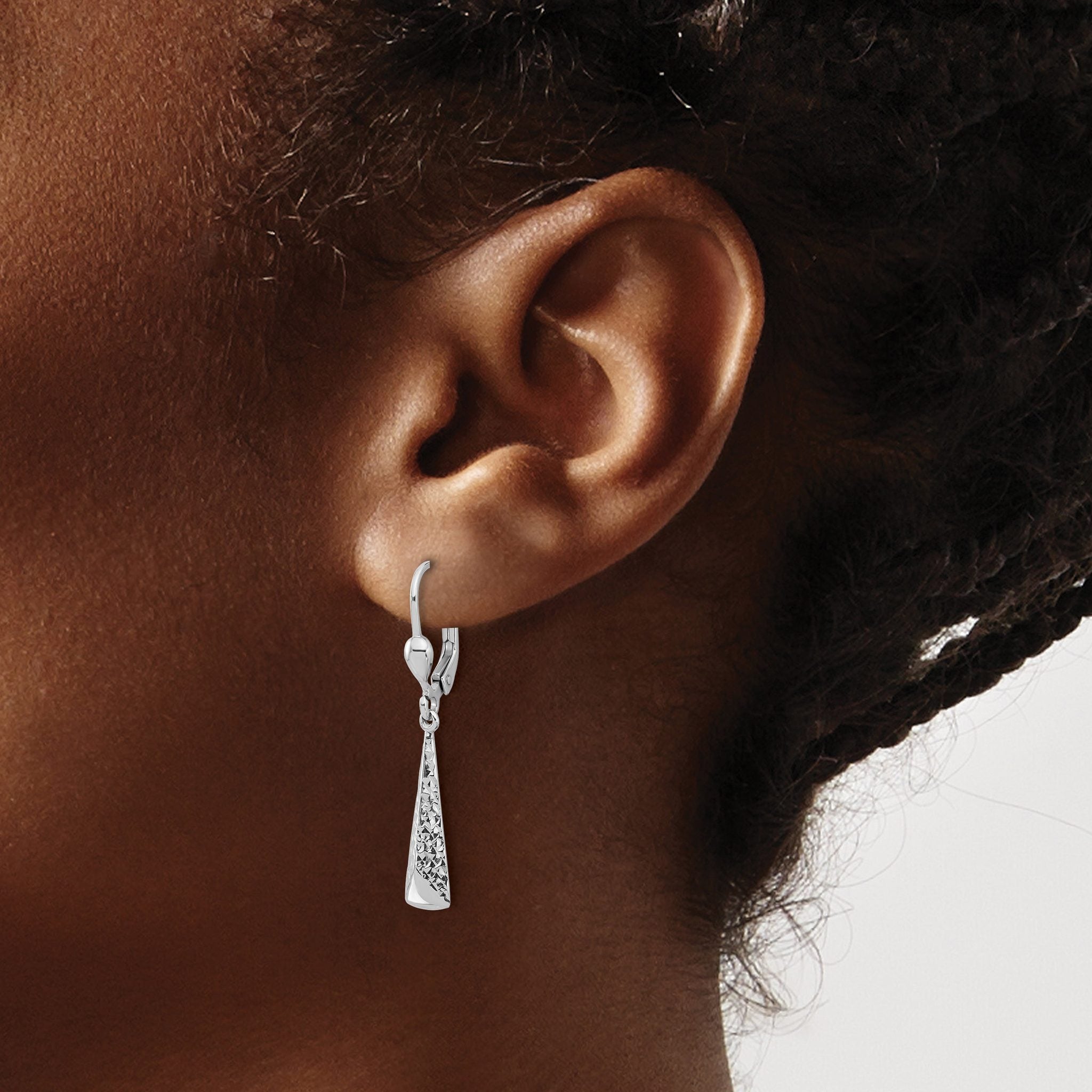 10K White Gold Polished/Textured Leverback Dangle Earrings