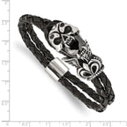 Stainless Steel Polished and Enameled Skull with Black Glass 2 Strand Braided Black Leather Bracelet for Men