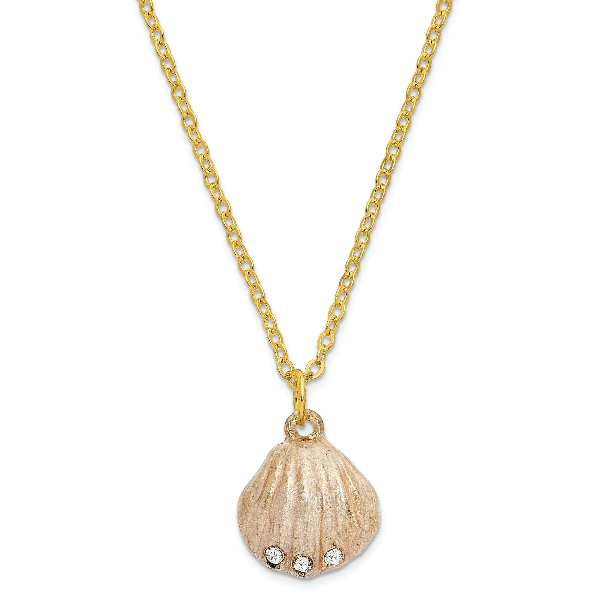Luxury Giftware by Jere Pewter Bejeweled Crystals Gold-tone Enameled PINKY Clam Shell Trinket Box with Matching 18 Inch Necklace